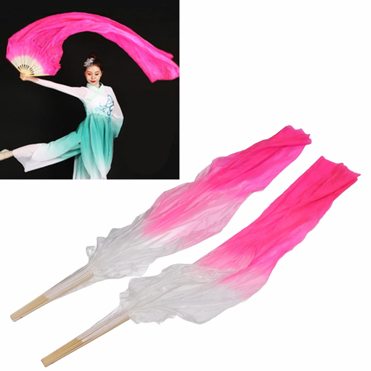 Abanico de Danza Larga de Seda 1,5M 16 Barras, Par de Abanicos para Danza del Vientre y Clásica