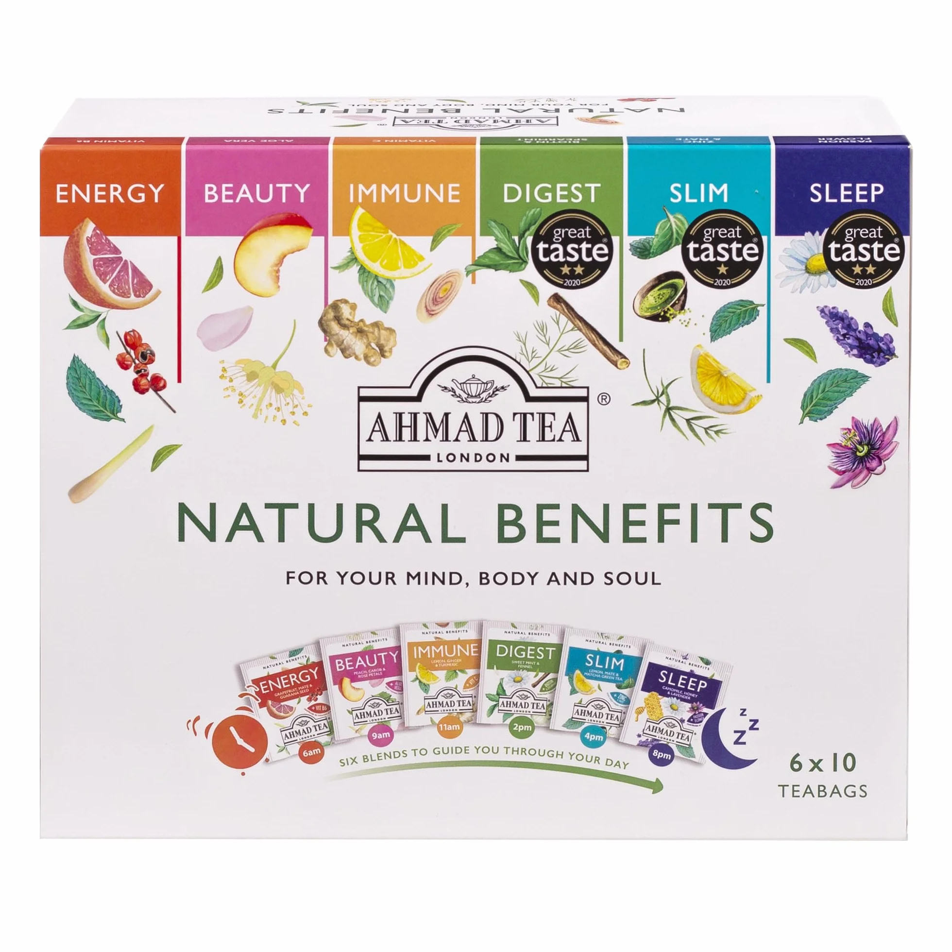 Ahmad Tea Paquete de selección de té funcional Natural Benefit | infusiones de té verde, frutas y hierbas, regalo perfecto para té de hierbas, 60 bolsitas de té | 6 mezclas