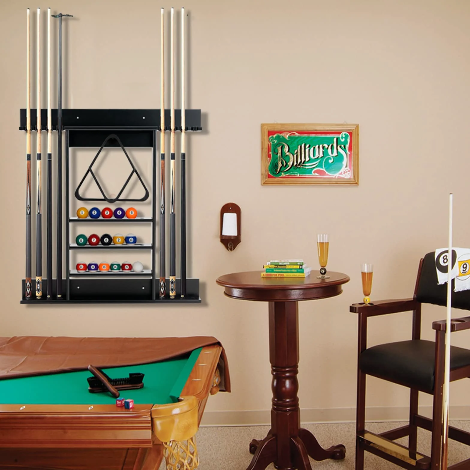 COSTWAY Billar Rack Madera Maciz Estante Palos 8 Tacos 15 Bolas 1 Soporte Equipo Compacto Sala Club Bar Negro
