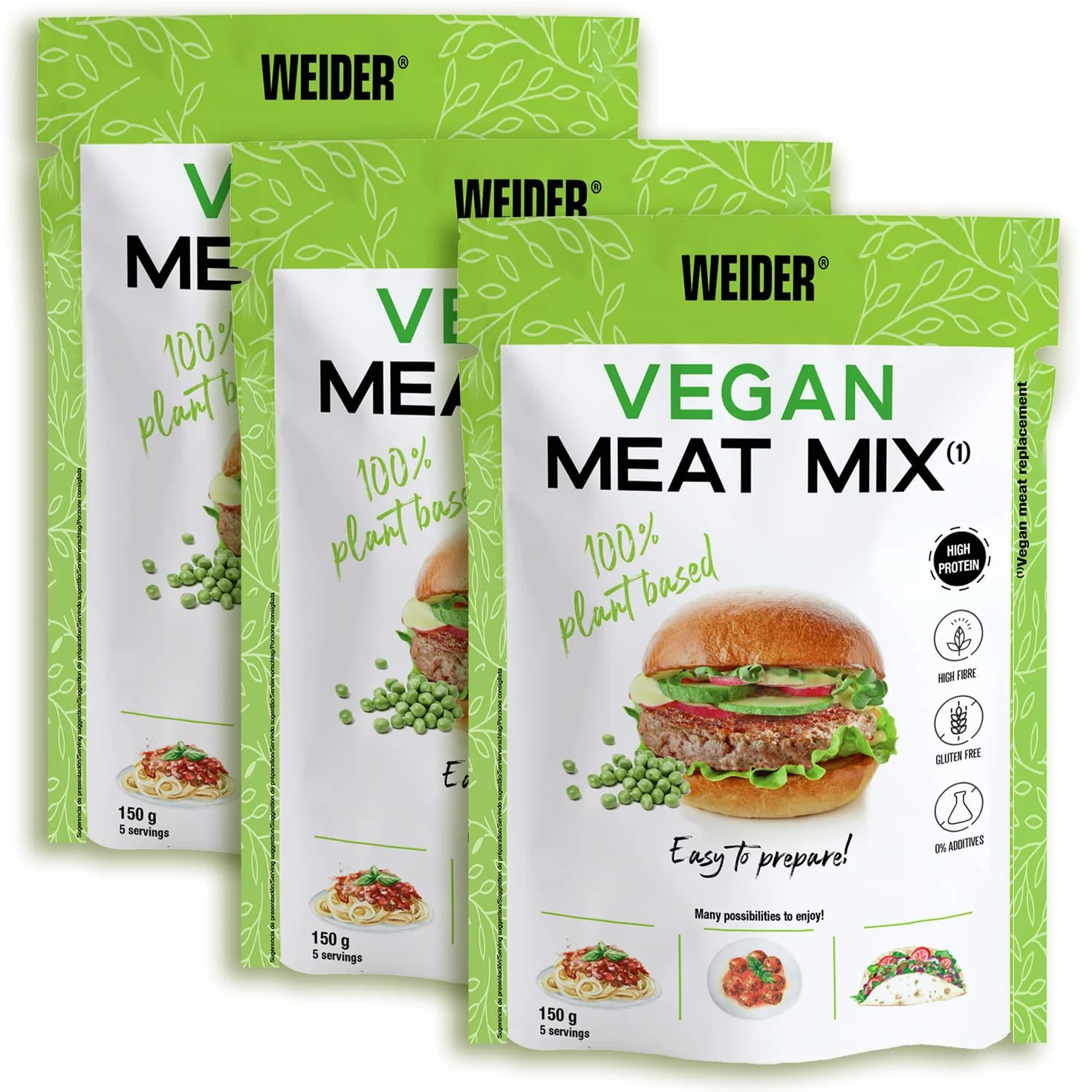 Weider Pack Vegan Meat Mix - 3 Unidades. Sustitutivo de carne rico en Proteina Vegetal 75% + Fibra Vegetal 20%. Sin Gluten. Sin Conservantes. Fácil Preparación. Recetas Infinitas. 3x150g