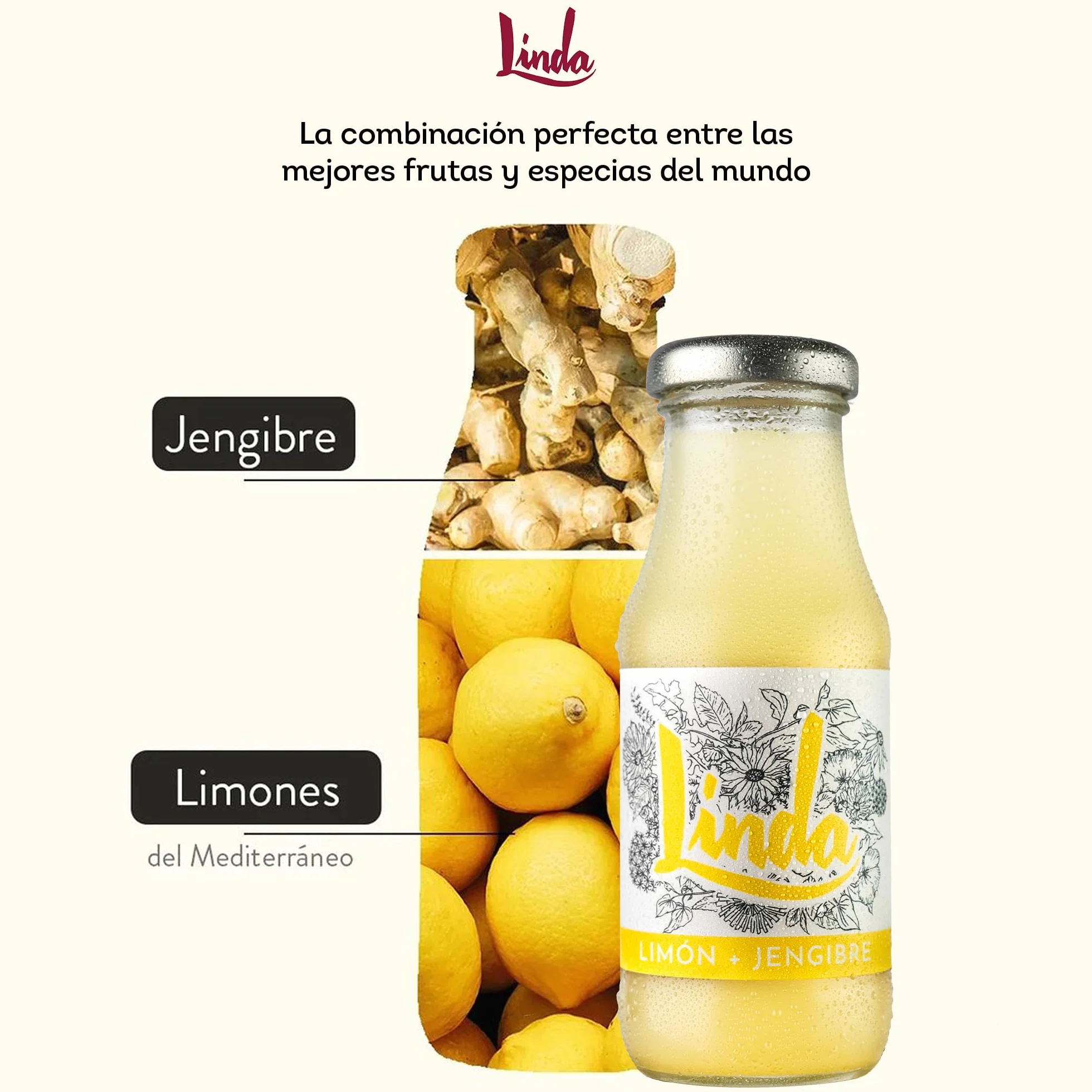 LINDA - Limón + Jengibre Pack 12 Uds x 200 ml, Limonada Endulzada con Agave, Rico en Vitamina C, 100% Natural y Vegano, Aporte Energía, Propiedades Antioxidantes y Depurativas, sin Gas