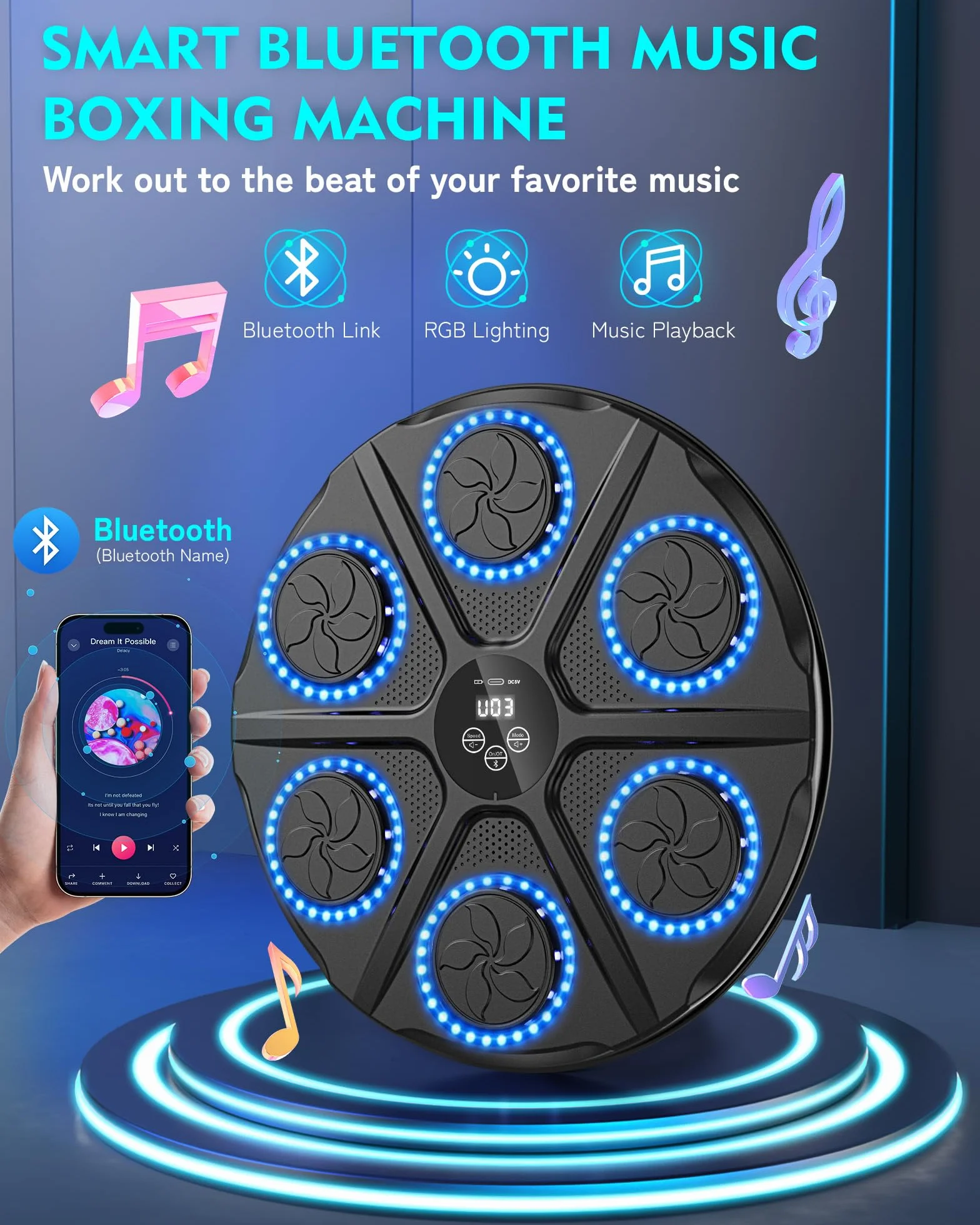 Máquina de Boxeo Musical Adulto 12 Modos Velocidad Boxeador Pared Guantes Bluetooth Recuento Inteligente Luces Ritmo