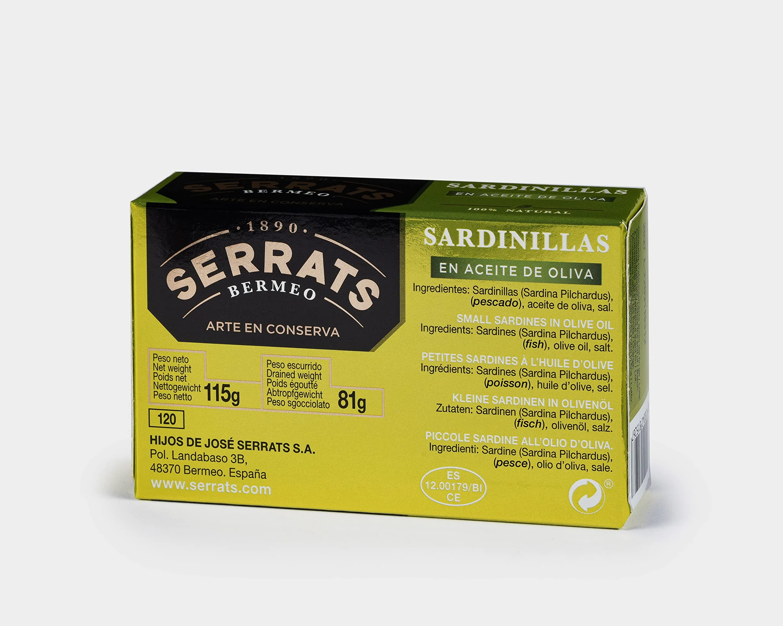 Conservas Serrats - Sardinillas en Aceite de Oliva - 16/20 sardinillas por lata (115g)