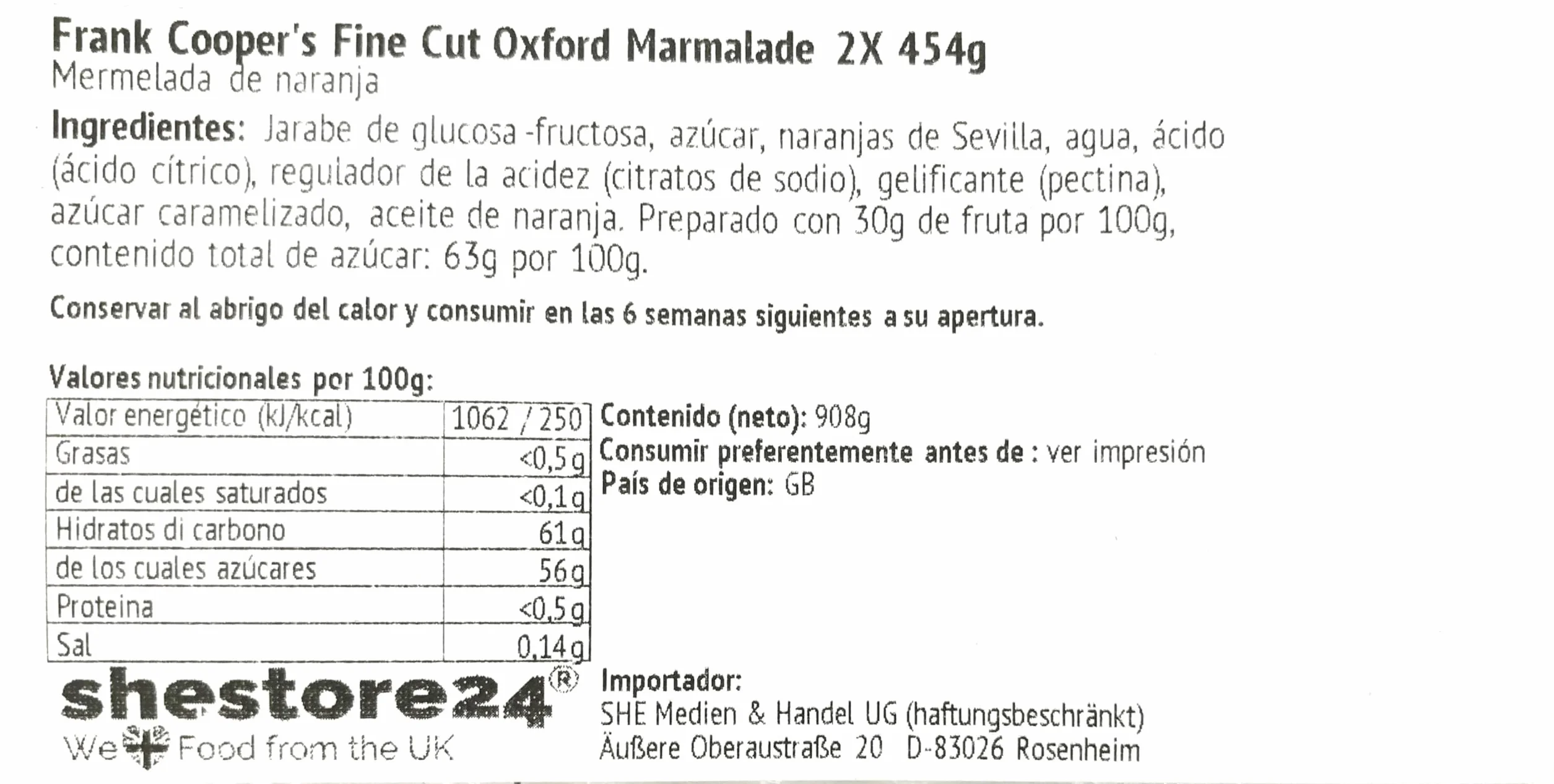 Frank Cooper's Fine Cut Oxford Marmalade Mermelada de naranja inglesa 2X 454g - importado de Shestore24