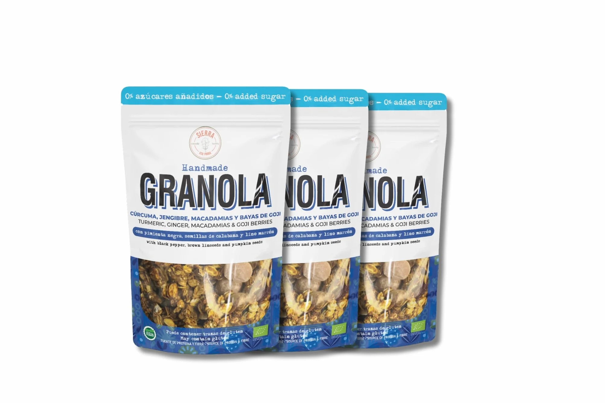 Granola Ecológica y Artesana, 0% Azucares Añadidos, Cúrcuma, Pimienta Negra, Jengibre, Macadamias y Bayas de Goji, Pasta de Dátiles, Semillas de Calabaza y Lino Marrón (Pack: 3 bolsas x 300g)
