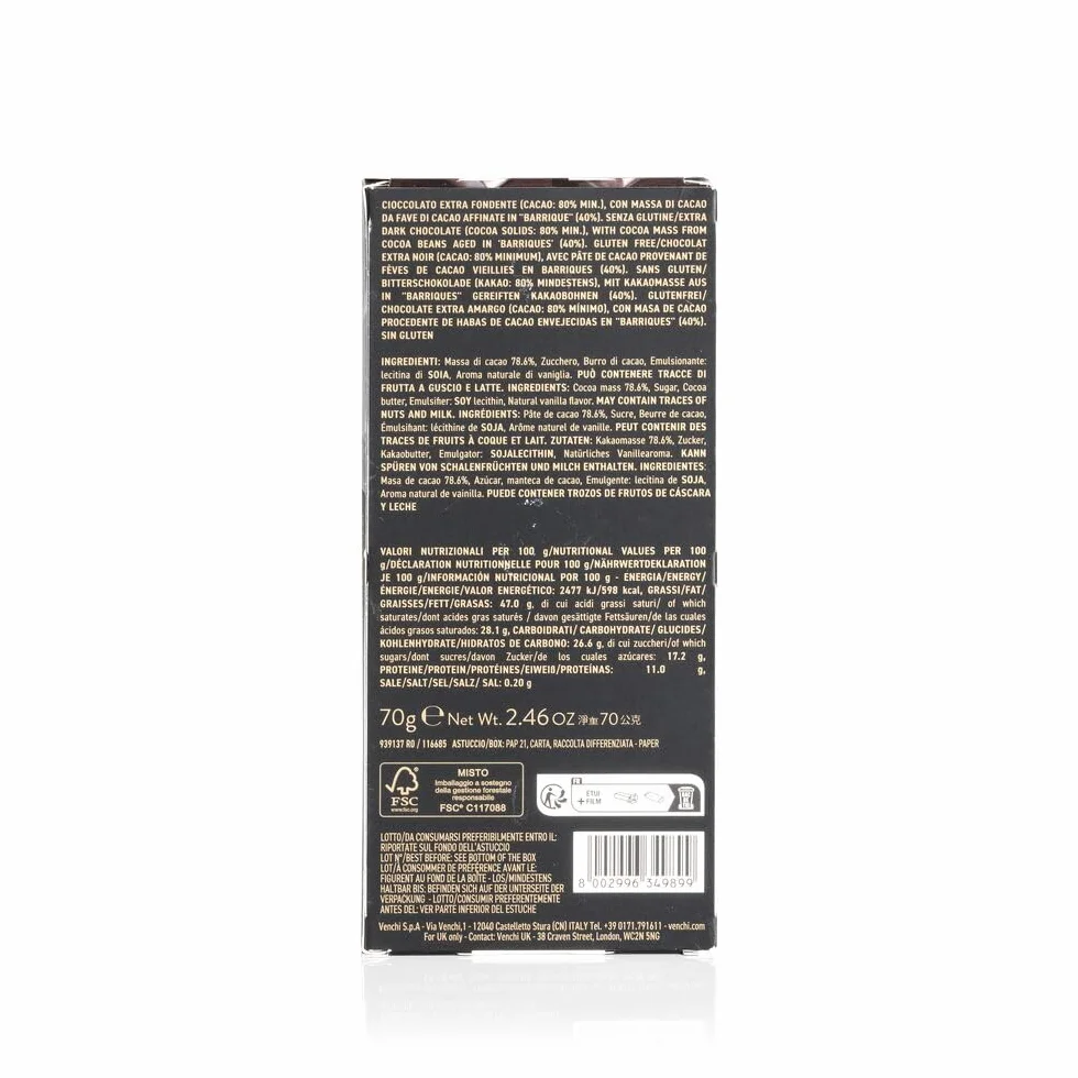 Venchi - Tableta de Chocolate Extra Fondant Aroma Barrica, 80%, 70 g - Con Mezclas de Cacao Seleccionadas - Sin Gluten - Vegano