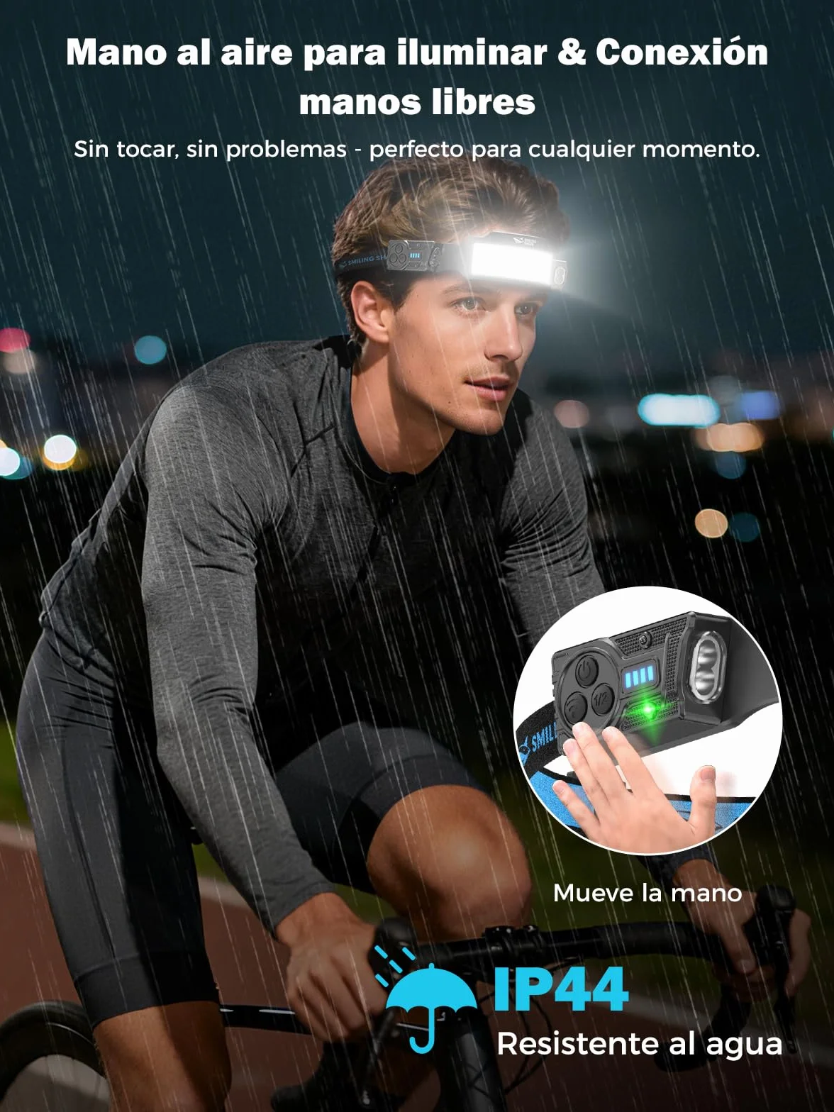 Linterna Frontal LED Recargable 2400 mAh 6 Modos Haz Ancho Foco Ajustable Sensor Movimiento Ciclismo Pesca Camping Correr