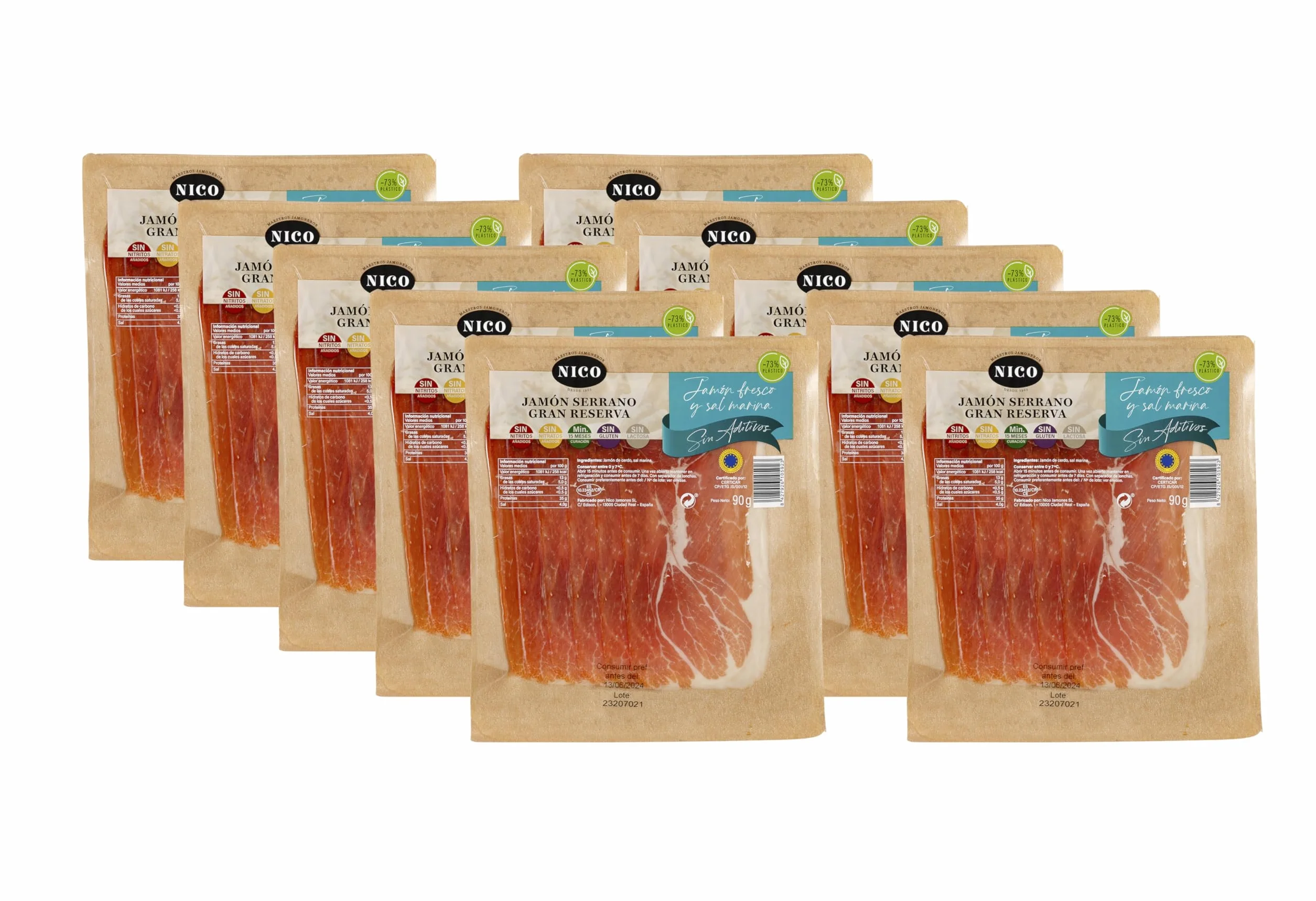 Jamón Serrano Gran Reserva 90g NICO JAMONES Caja 10 Blister Sin Aditivos Curado Tradicional 12 Meses