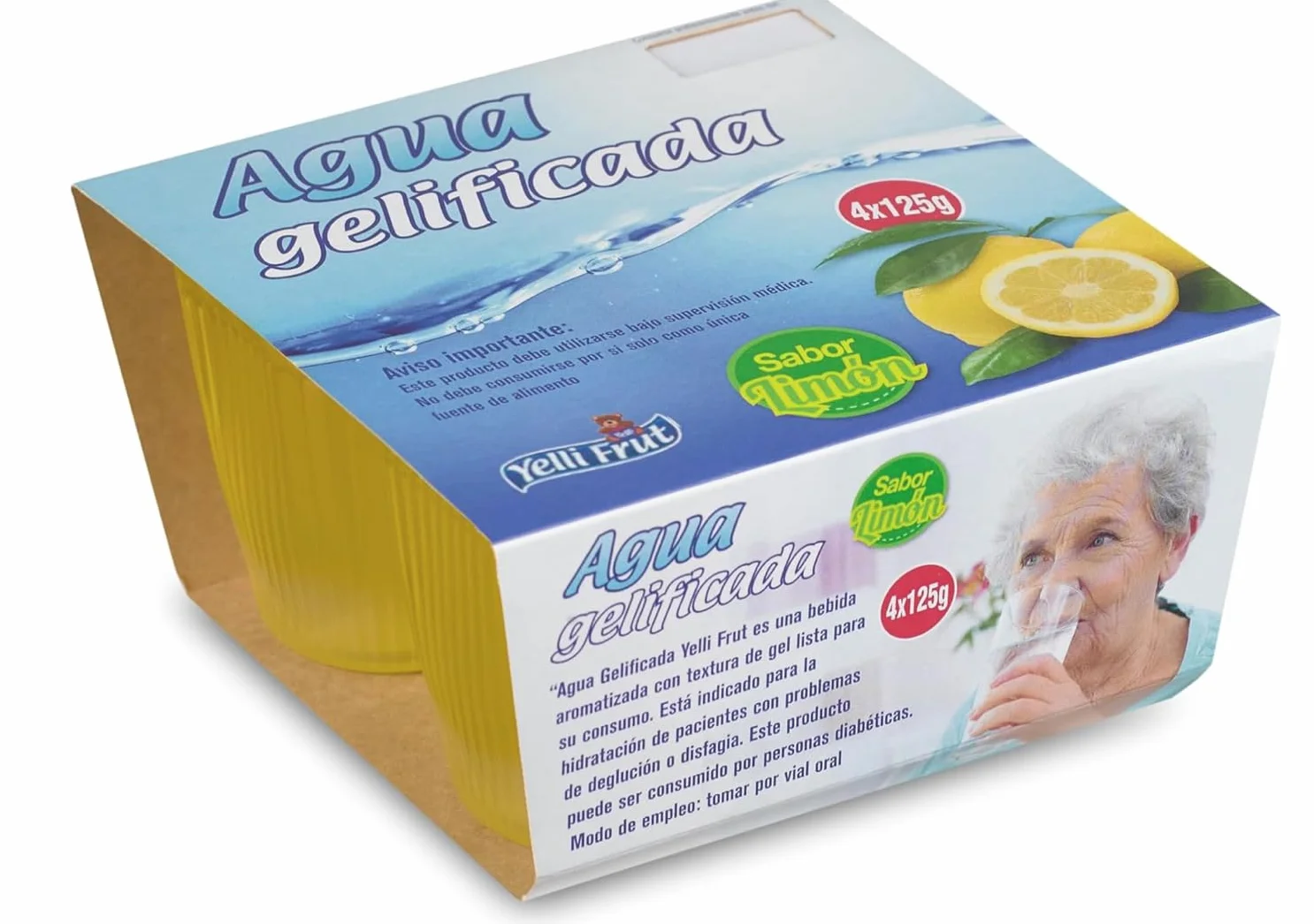 Agua gelificada. Espesante para disfagia. 3 Sabores en tarrina 125 gramos. Pack de 6x4 = 24 tarrinas. Agua gelificada disfagia sabores. Aguas gelificadas para hidratar con plena seguridad. (24, Limón)