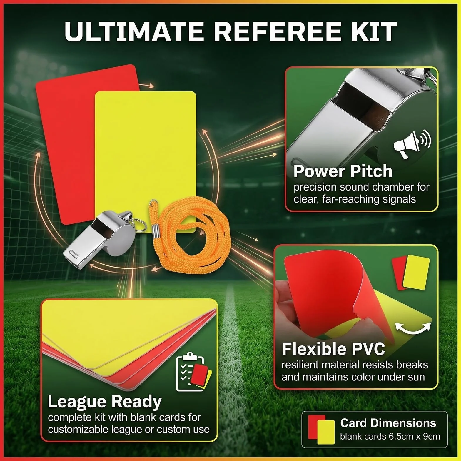 Kit de Árbitro de Fútbol con Tarjetas Roja/Amarilla y Silbato de Metal