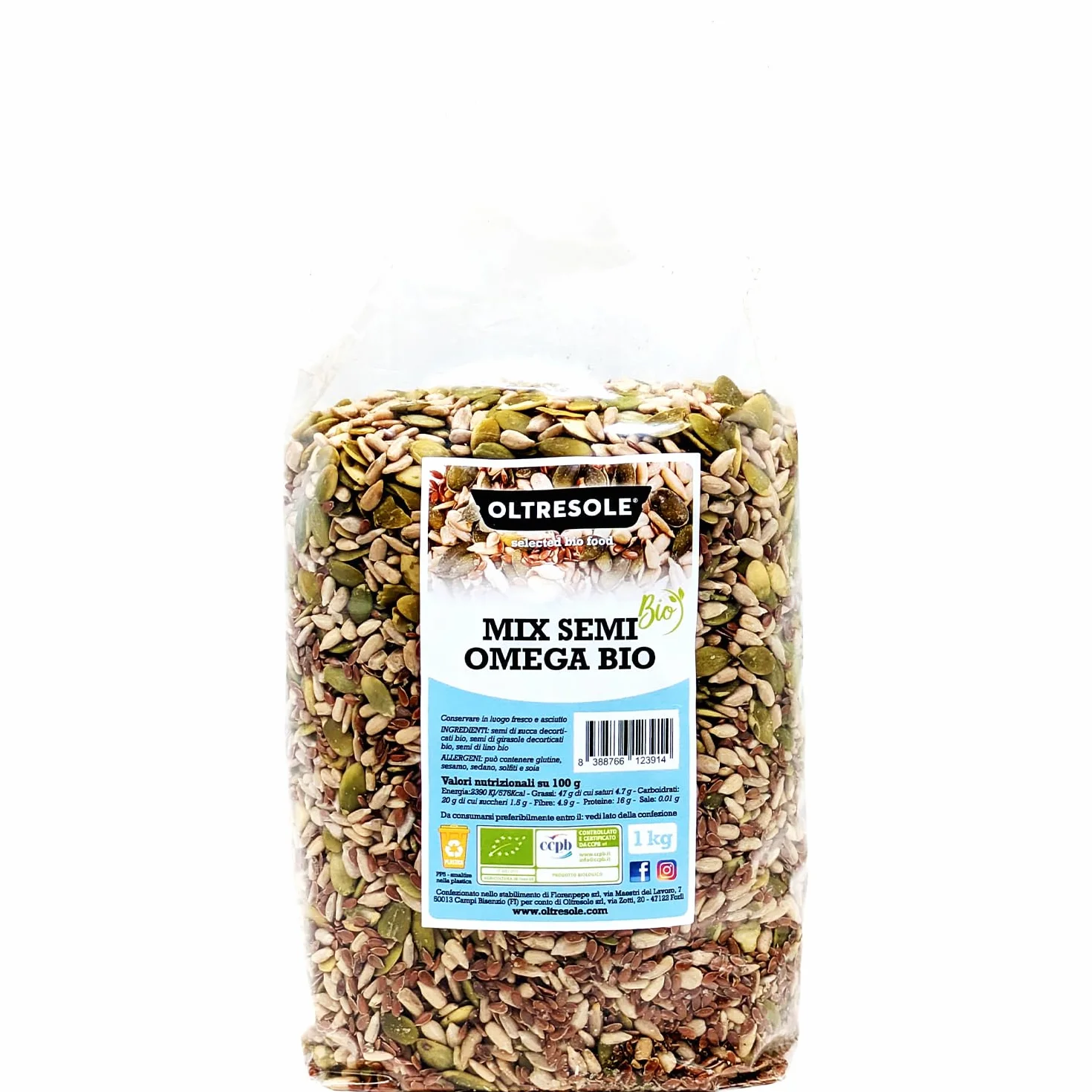 Oltresole, Mezcla De Semillas Omega Ecológicas 1 Kg (Calabaza, Girasol Y Lino), Mezcla De 3 Semillas Oleaginosas Crudas Enteras, Ricas En Proteínas, Fibra Y Omega 3