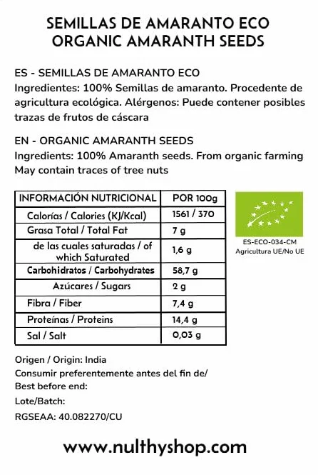 NULTHY 1kg - Semillas de Amaranto BIO, Cultivo Ecológico Natural, Fuente de Proteína Vegetal, Ideal para Yogures y Bowls, Vegano