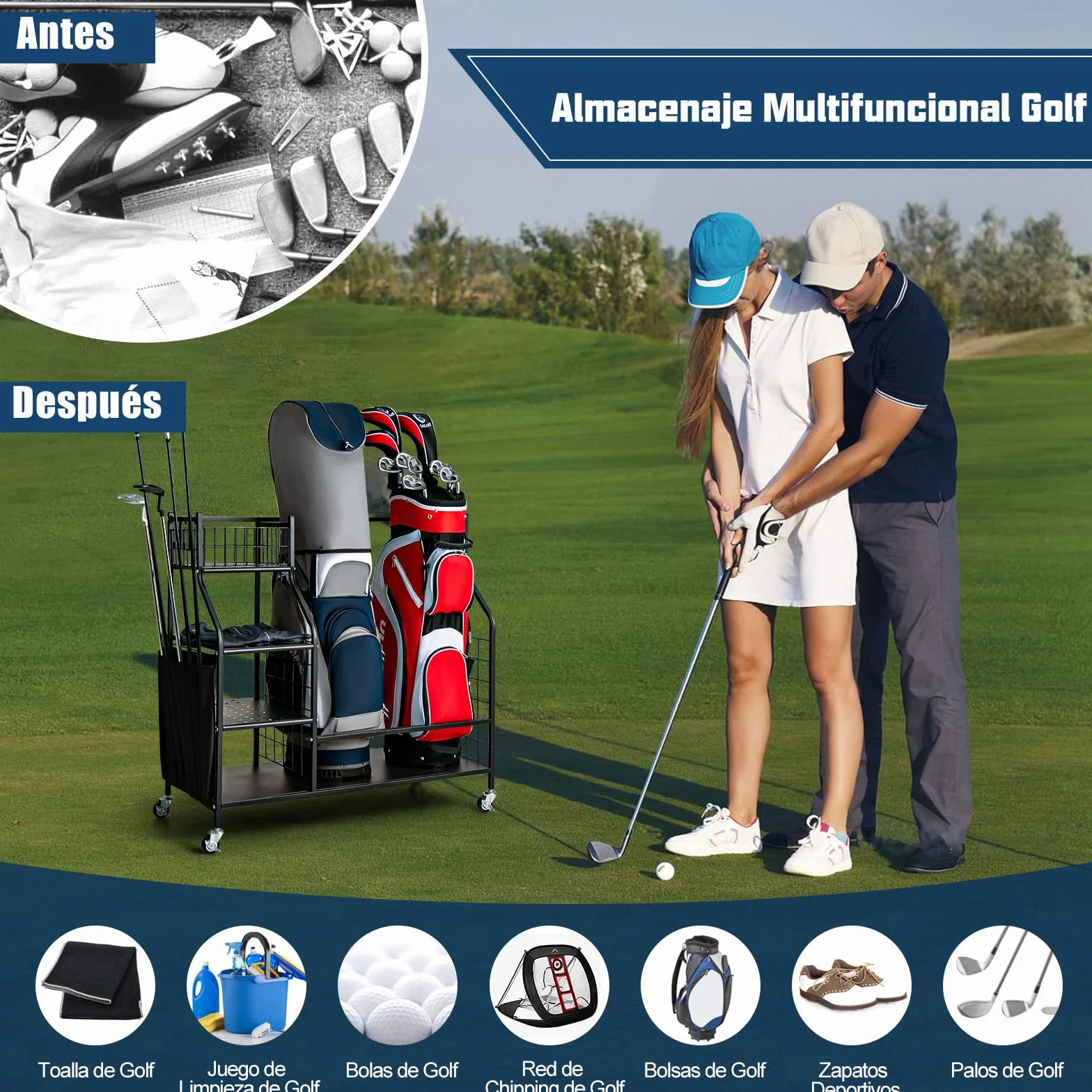 COSTWAY Estante de Almacenamiento para Bolsa de Golf con Ruedas Bloqueables