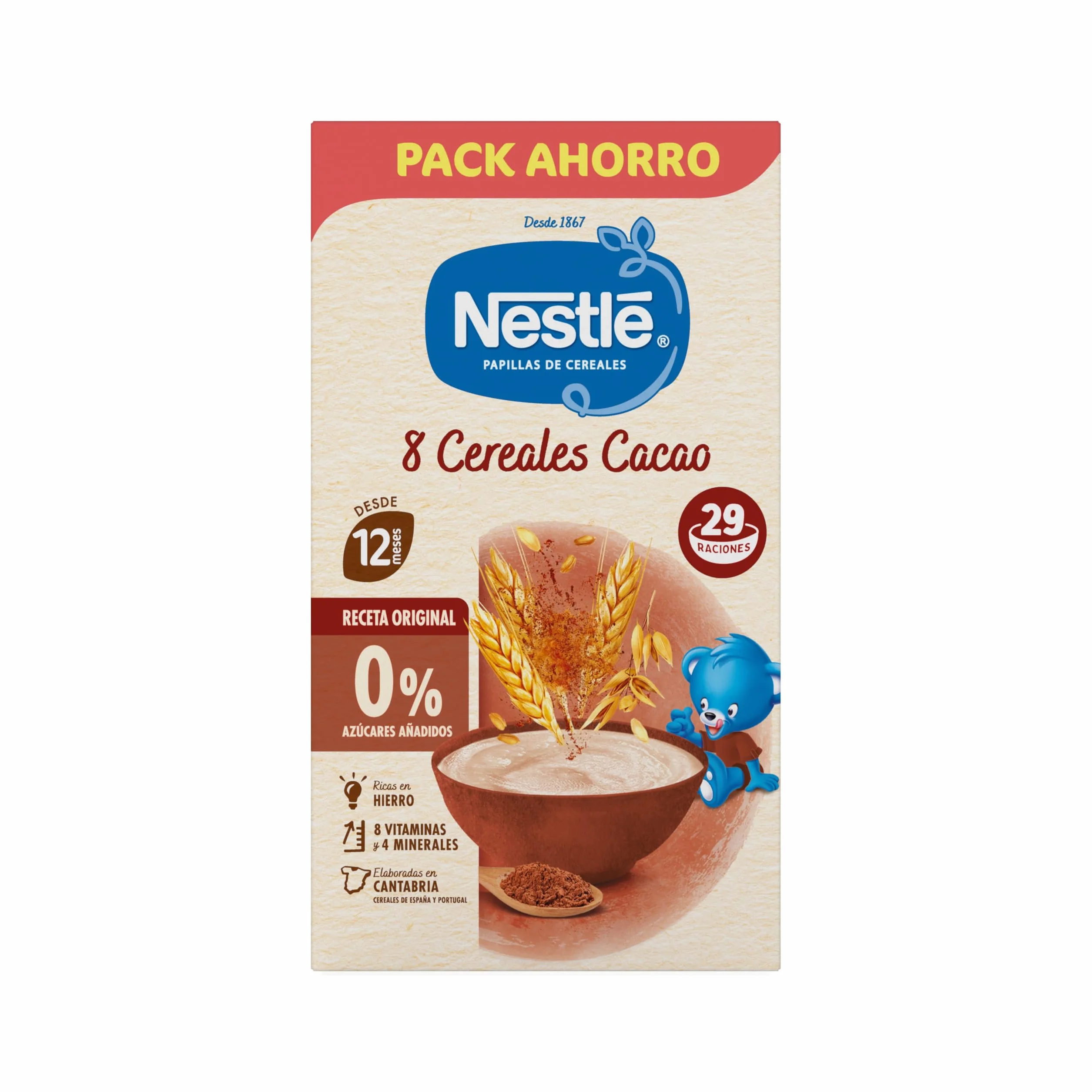 Nestlé Papilla 8 Cereales con Cacao, sin azúcares añadidos, a partir de los 12 meses, 725 g