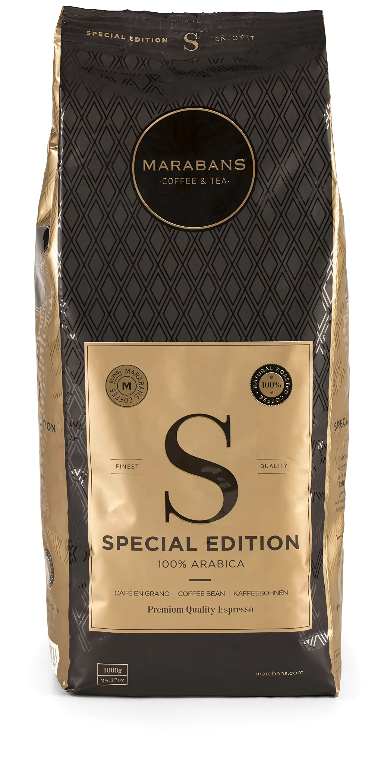 Marabans Special Edition café en grano paquete 1 kilo - 100% Arábica - Acidez: media/baja, 100% tueste natural. Crema de tonalidades avellanadas oscuras.