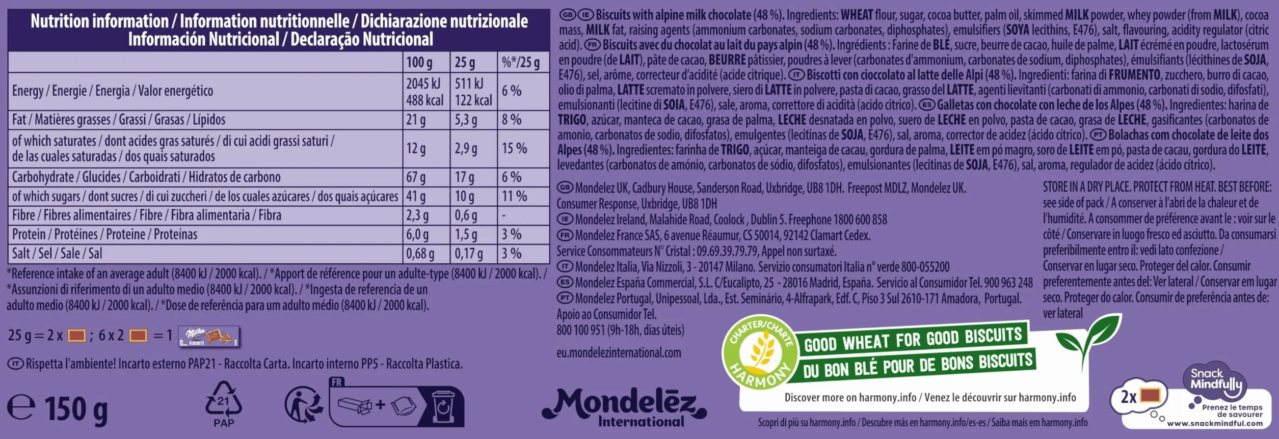 Milka Choco Biscuits Galletas con Chocolate con Leche de los Alpes 150g
