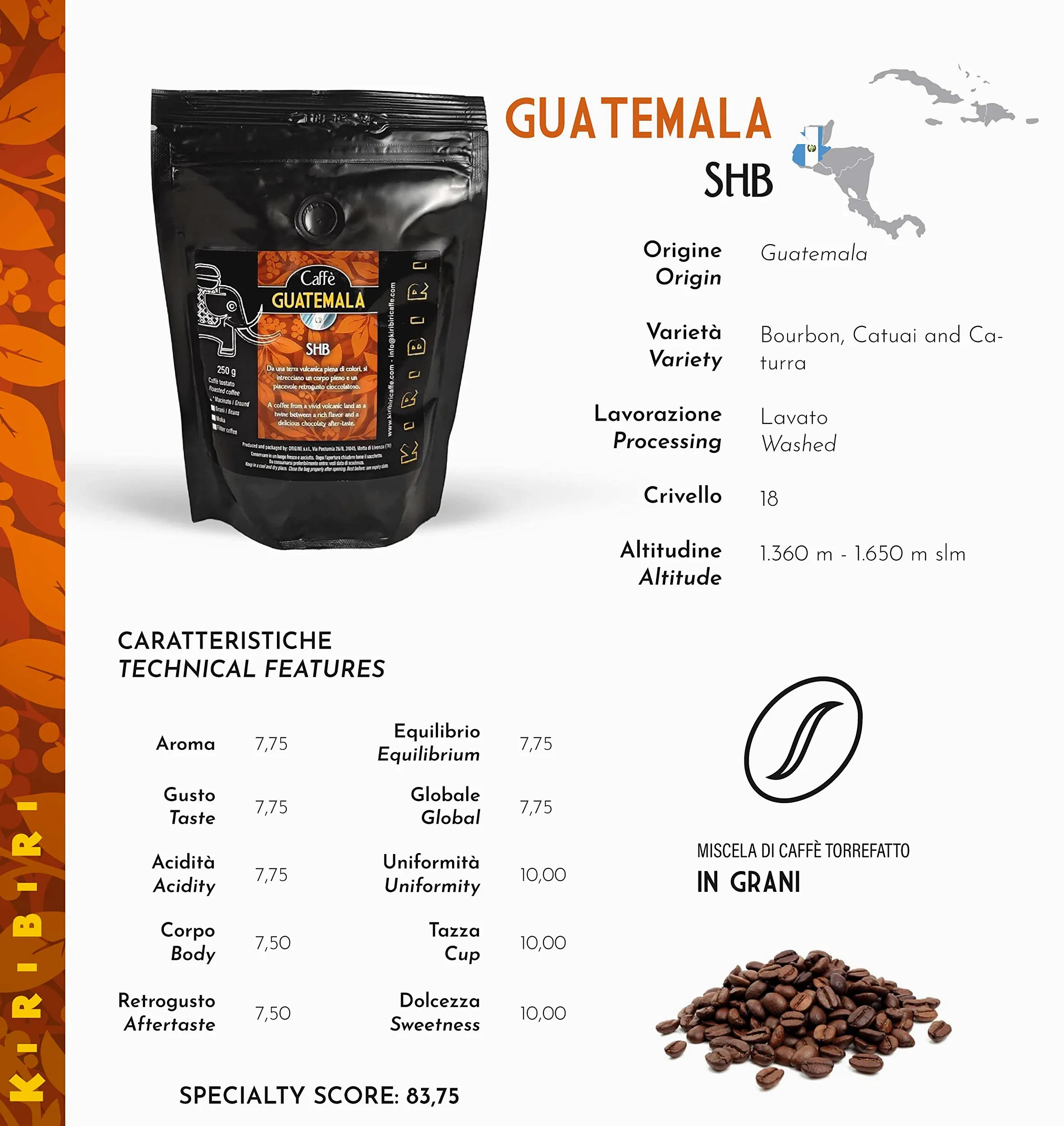 KIRIBIRI Café Especial de Origen 100% Arábica - Brasil, Guatemala, Honduras Orgánico, Kenia (4 x 250g Café en granos)