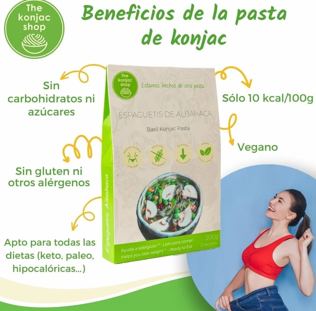 The Konjac Shop - Espaguetis Konjac de Albahaca 270g Sin Gluten Bajo en Calorías y Carbohidratos Ideal para Dietas Keto y Veganas (Pack de 5)