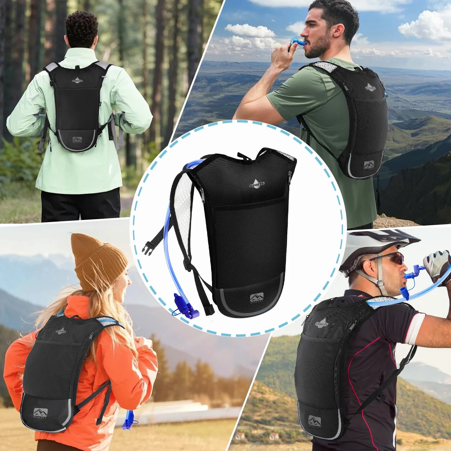 Mochila de hidratación 2 litros ligera transpirable 3 bolsillos correas hombro reforzadas senderismo correr ciclismo