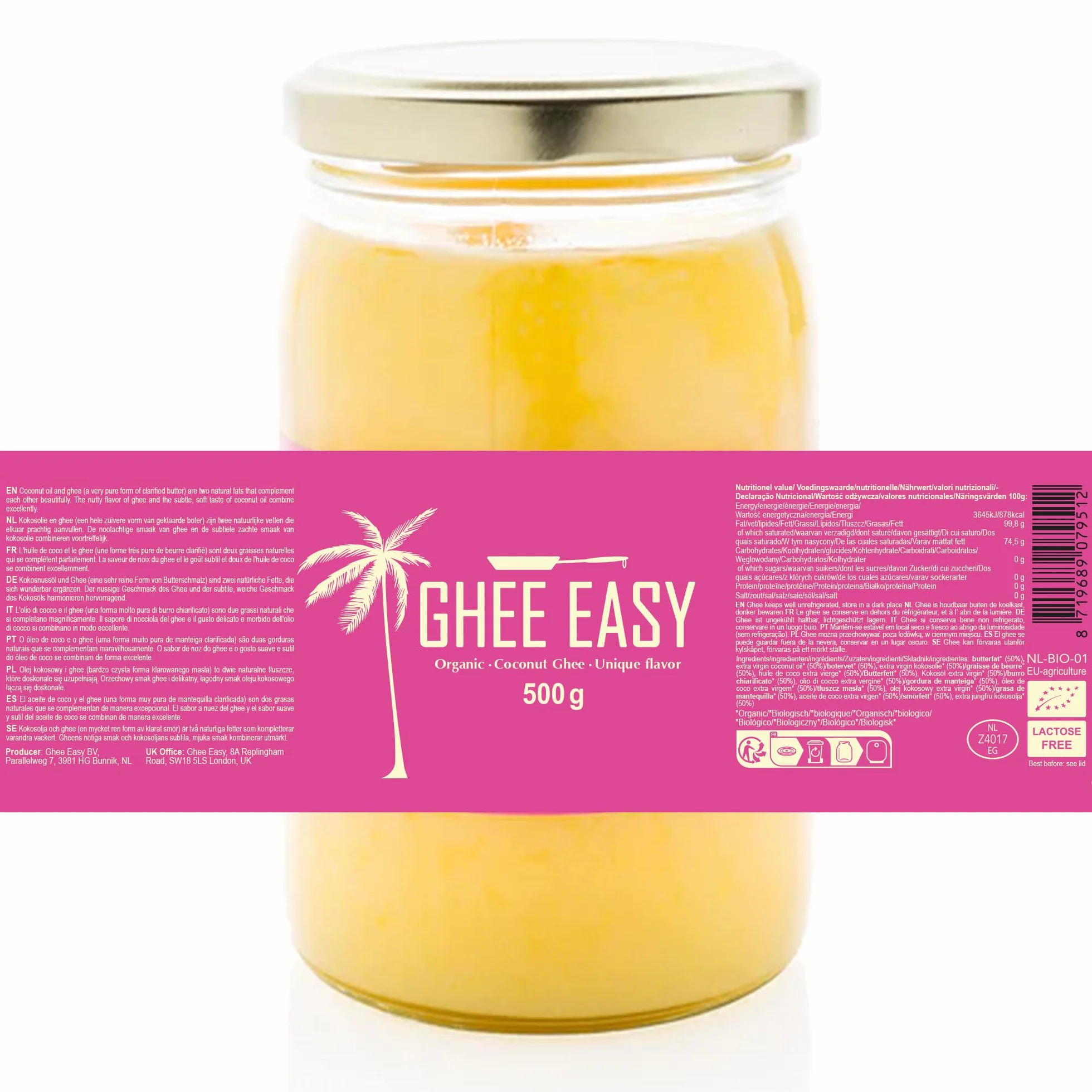 Ghee Easy Bio Ghee y Coco Mezcla 500g - 50% Ghee y 50% Aceite de Coco Extra Virgen - 100% Orgánico y Biológico - Sin Lactosa y Sin Gluten
