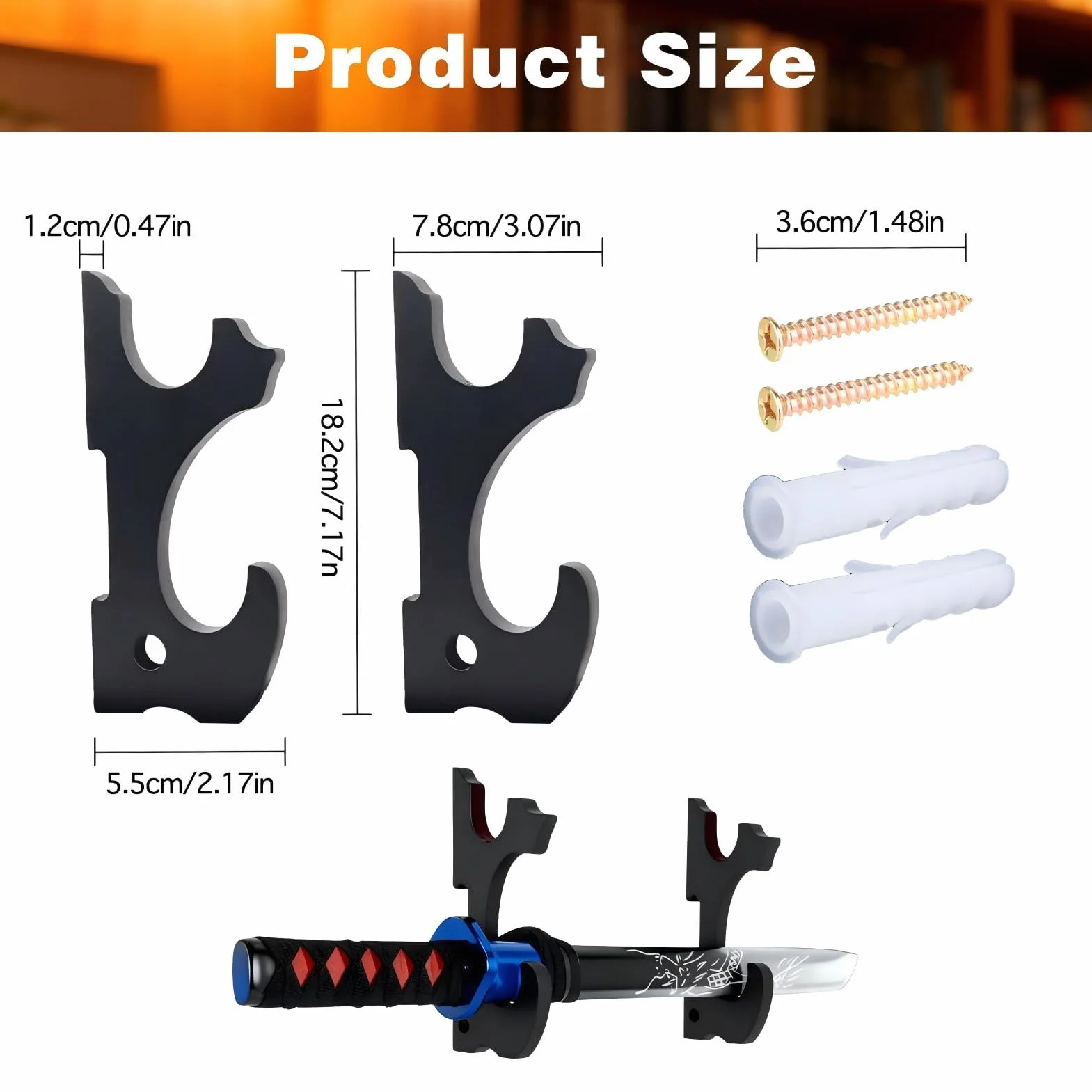 Soporte de Pared para Katana y Espadas Samurai, 2 Niveles Ajustable con Ganchos Acolchados, Exhibidor de Madera Negra