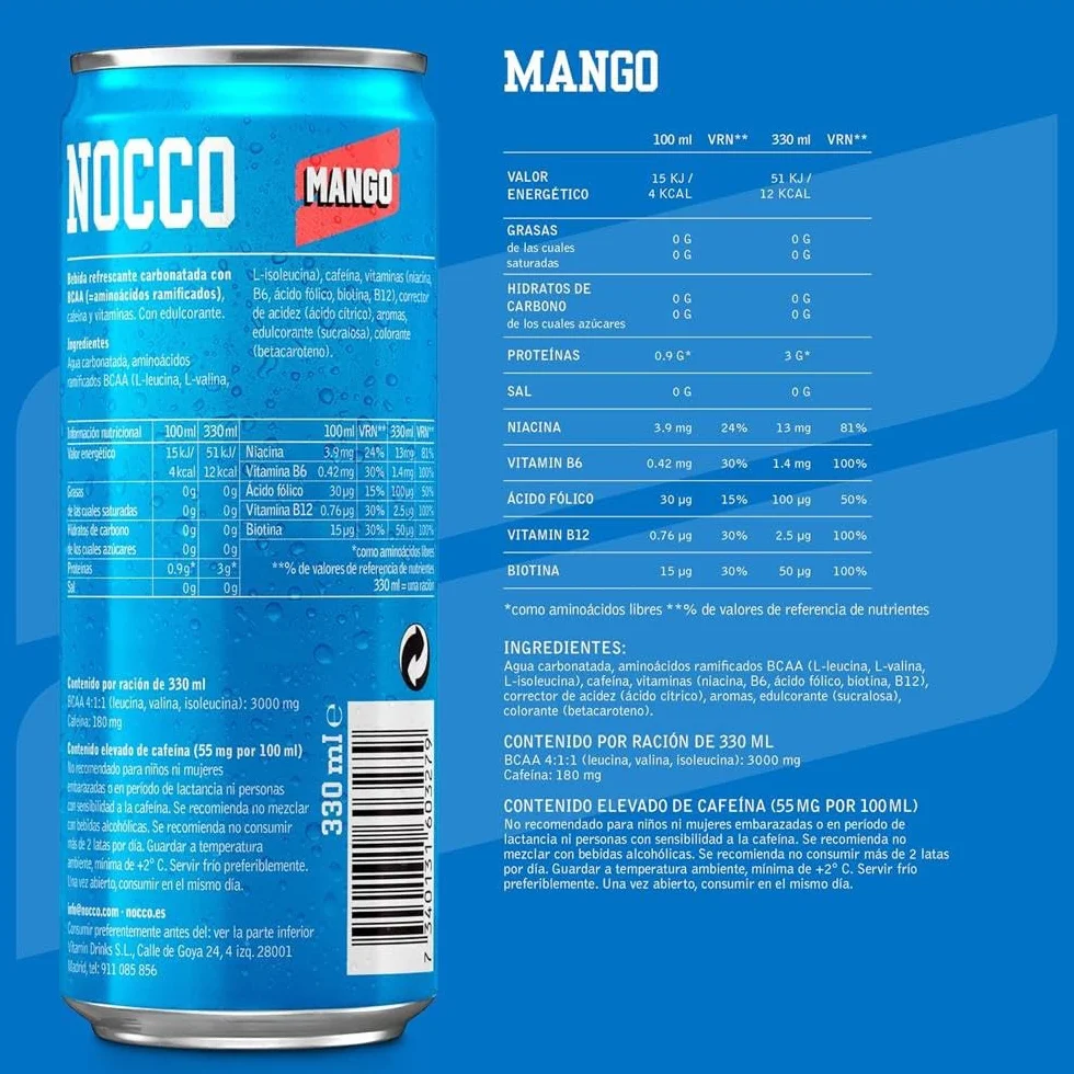 NOCCO BCAA - Bebida Energética con 180mg Cafeína, 3000 mg BCAA, Sin Azúcar, Sin Carbohidratos, Enriquecida con Vitaminas - 24 x 330ml inkl. Pfand (Mix Sabores)
