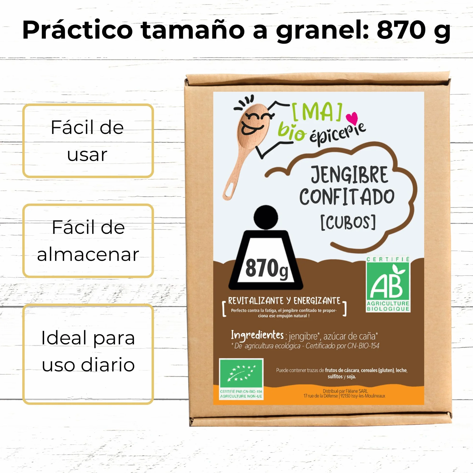 [MA] bio-épicerie | Jengibre confitado BIO en cubitos | 870G | Suelto en confección | Certificado ecológico | Fruta confitada
