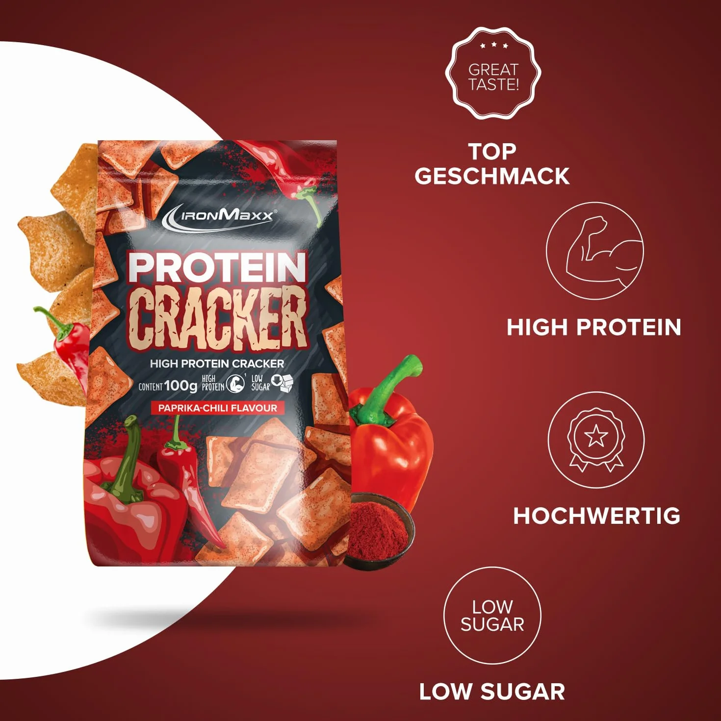 IronMaxx Galletas Saladas Proteicas Sabor Pimienta y Chile 100g - Aperitivo Crujiente con 21% de Proteina - Bajo en Azucar, Horneadas y No Fritas - Ideal para un Estilo de Vida Activo