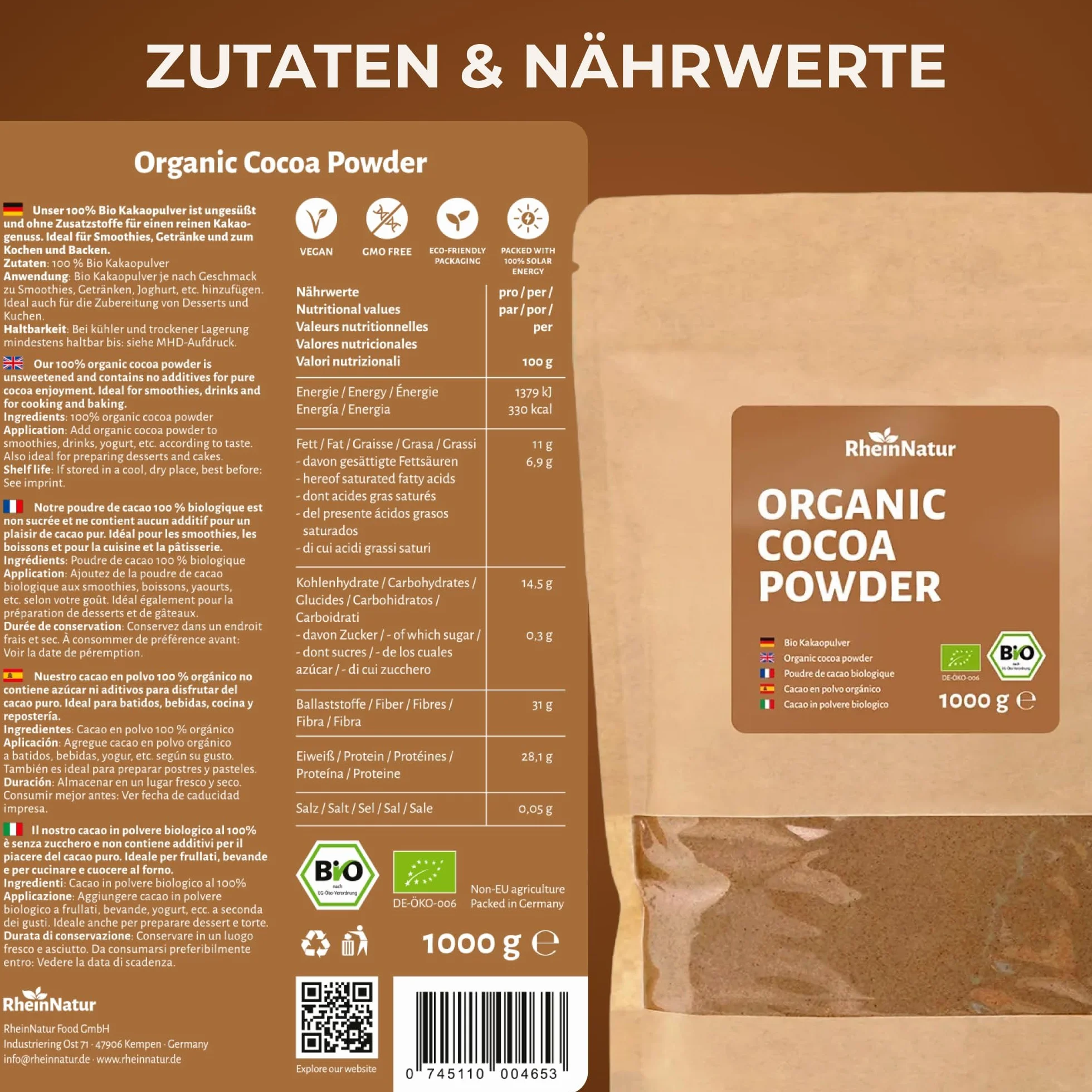 Cacao en polvo orgánico RheinNatur 1 kg – 100% puro, sin azúcar, ideal para hornear