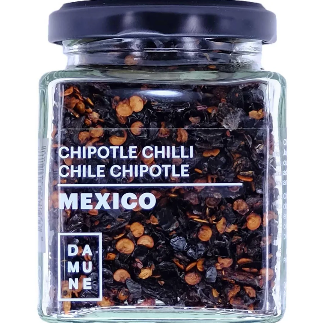 DAMUNE Chiles en Escamas: Jalapeño Rojo Escamas - 80 g, Chipotle Escamas - 80 g, Habanero Red Savina Escamas - 50 g y Habanero Scoprion Trinidad Escamasn - 60 g