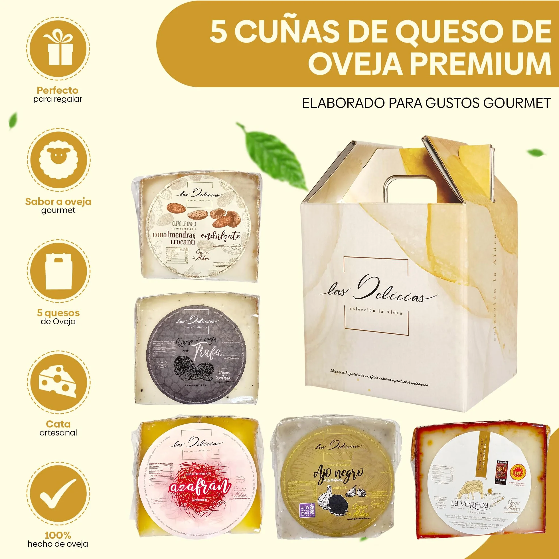 QUESOS LA ALDEA Caja Regalo Gourmet queso de Oveja 950g 5 Cuñas Artesanales Semi Curado