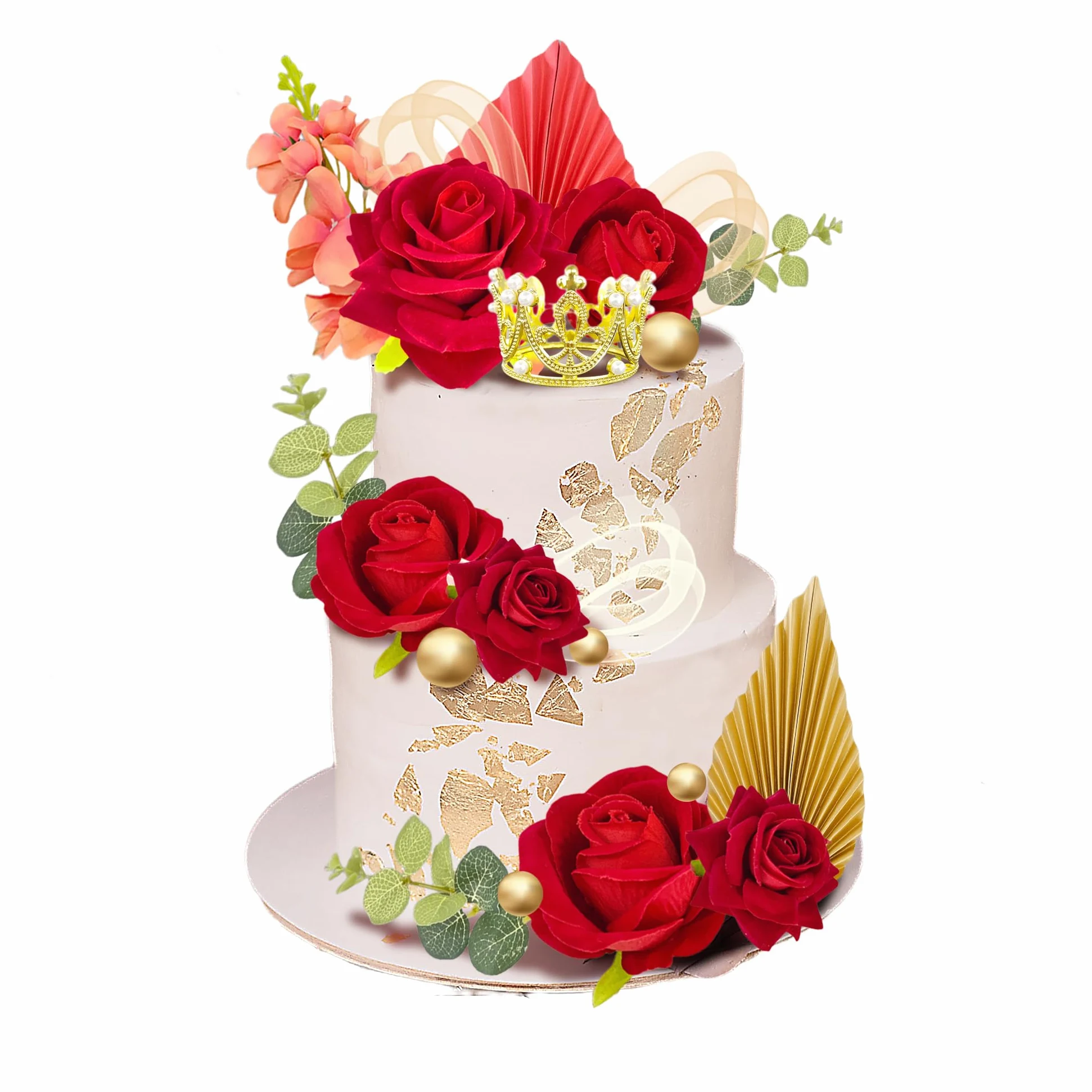 24CS - Decoración bohemia para tartas, diseño de flores rojas, hojas de palma, flores sintéticas, bolas de mariposa, decoración para tartas de boda, baby shower, boda, cumpleaños, vacaciones,