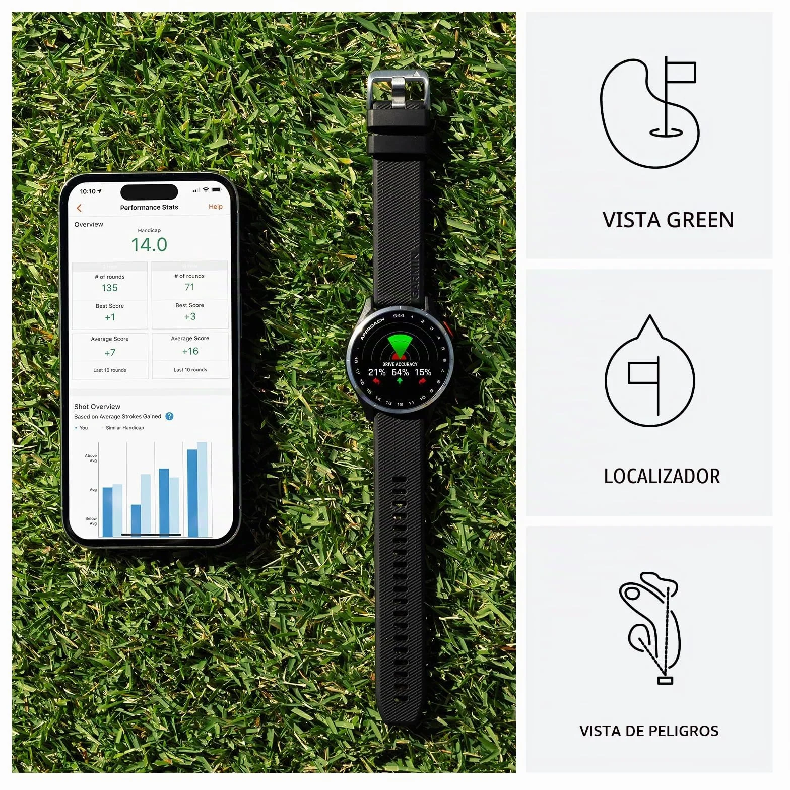 Garmin Approach S44 Golf GPS Smartwatch AMOLED Plateado Bisel Aluminio Correa Silicona Negra