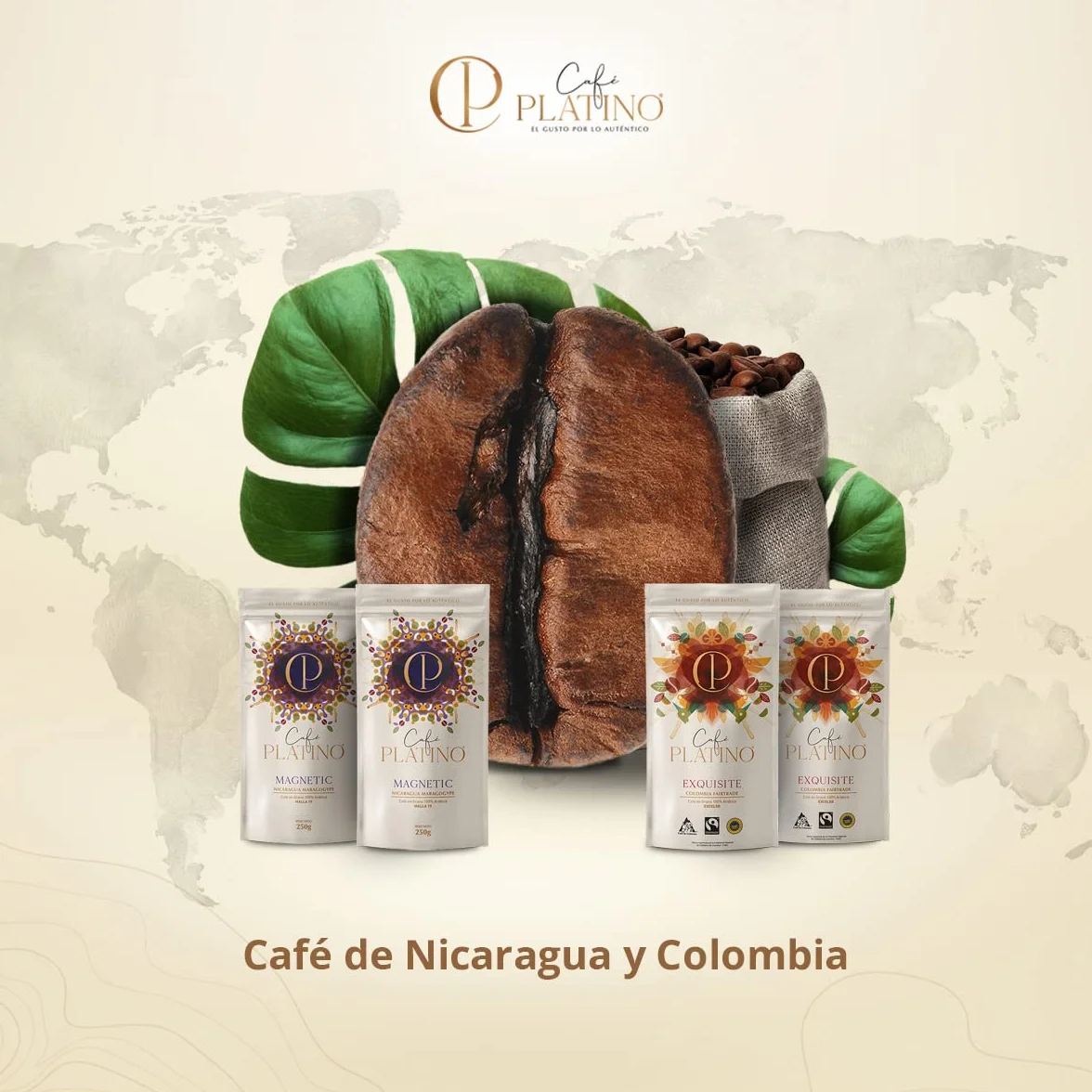 Café Platino - Pack Surtido Cafés de América 4 x 250g - Café en Grano Natural de Colombia Fairtrade y Nicaragua Maragogype - 100% Arábica