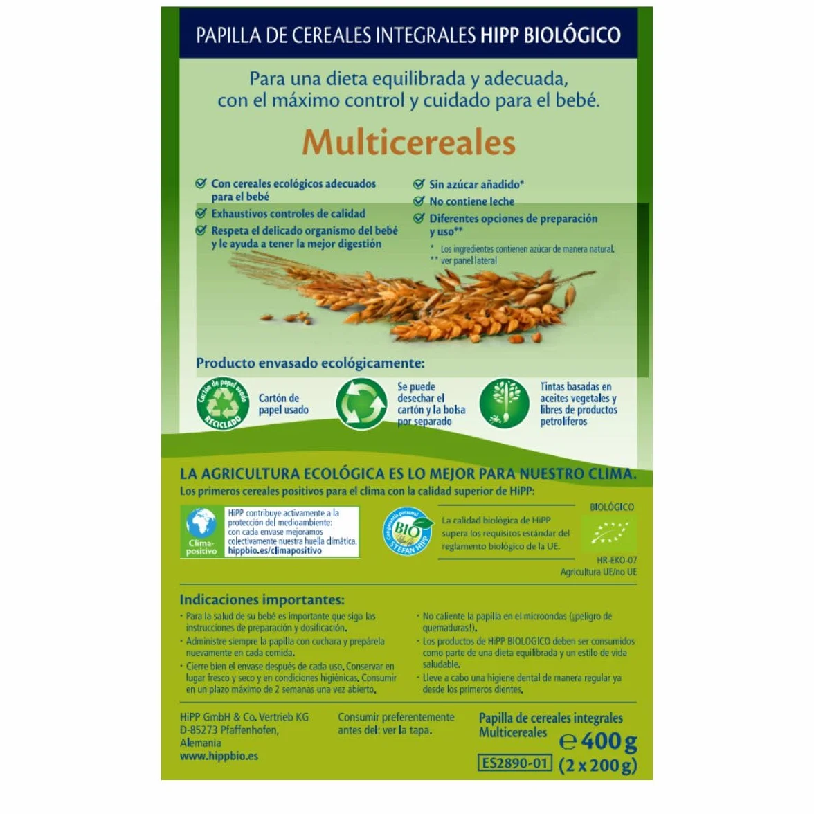 HiPP Biológico - Papilla Multicereales Bio - Pack x 4 cajas de 400 gr - Papilla de Cereales apta a partir de 6 meses - Sin lactosa, Sin Proteína de la Leche de Vaca y Sin azúcares