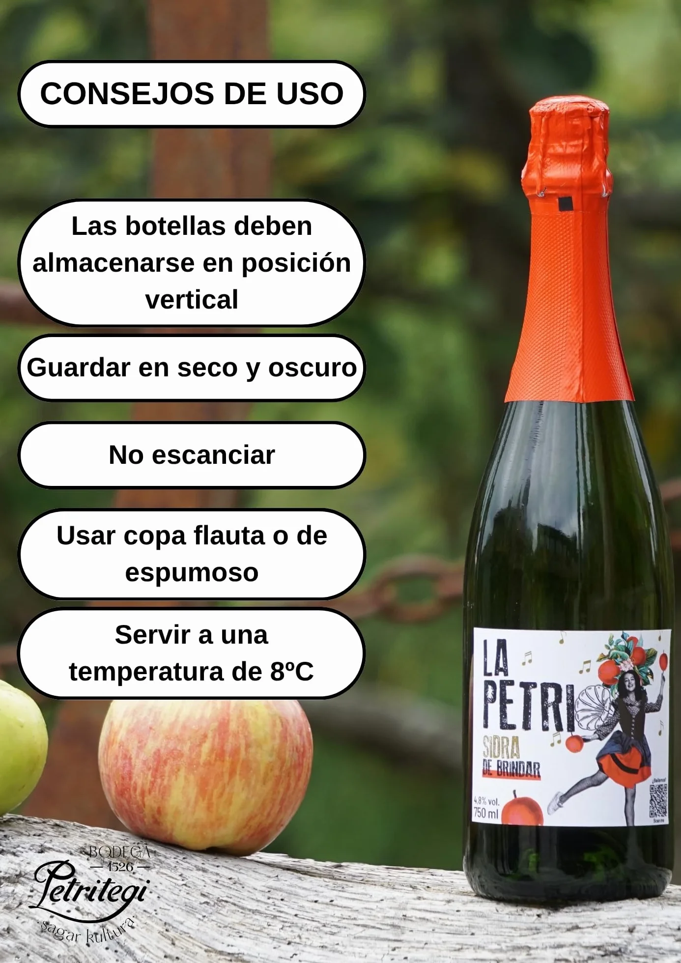 Sidra La Petri 750 ml Pack 6 botellas | Sidra natural vasca con manzana 100% | Petritegi Astigarraga | Vegana y sin gluten | Sidra espumosa 4.8% vol refrescante para aperitivo