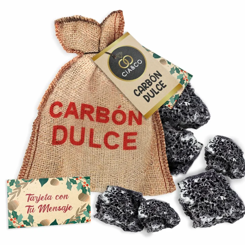 Carbón de Reyes Artesano con Tarjeta para Mensaje Personal · 100 grs · Saco de tela con Carbon Dulce Navidad de Reyes · Dulce Carbón de Navidad · Comestible de Carbon Azucar Sin Gluten