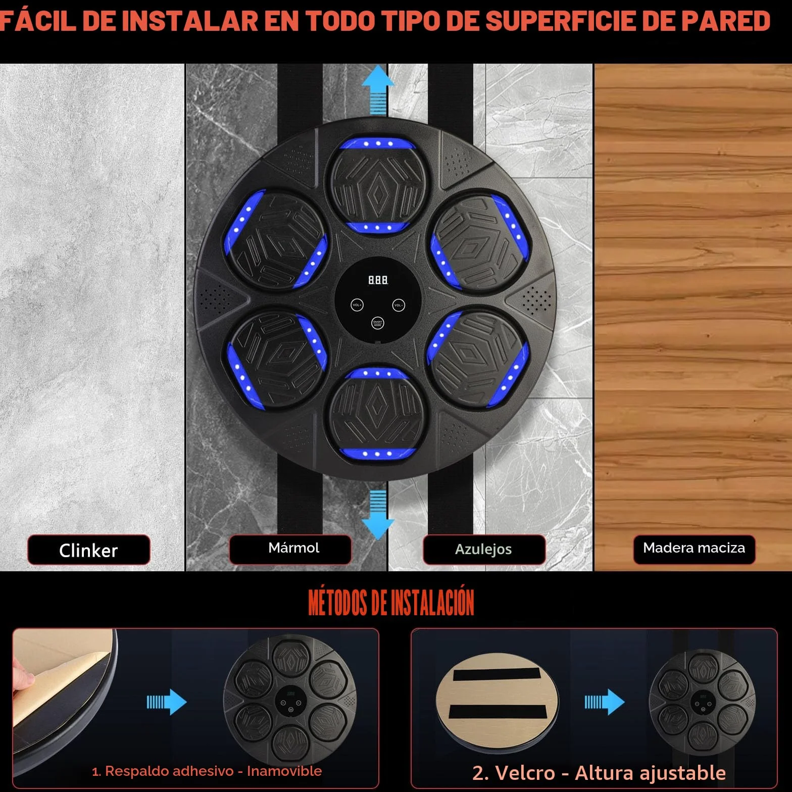 Máquina de Boxeo con Música, Montaje en Pared, Entrenador Inteligente Bluetooth con Luz LED, 7 Modos de Velocidad, Guantes para Adultos y Niños