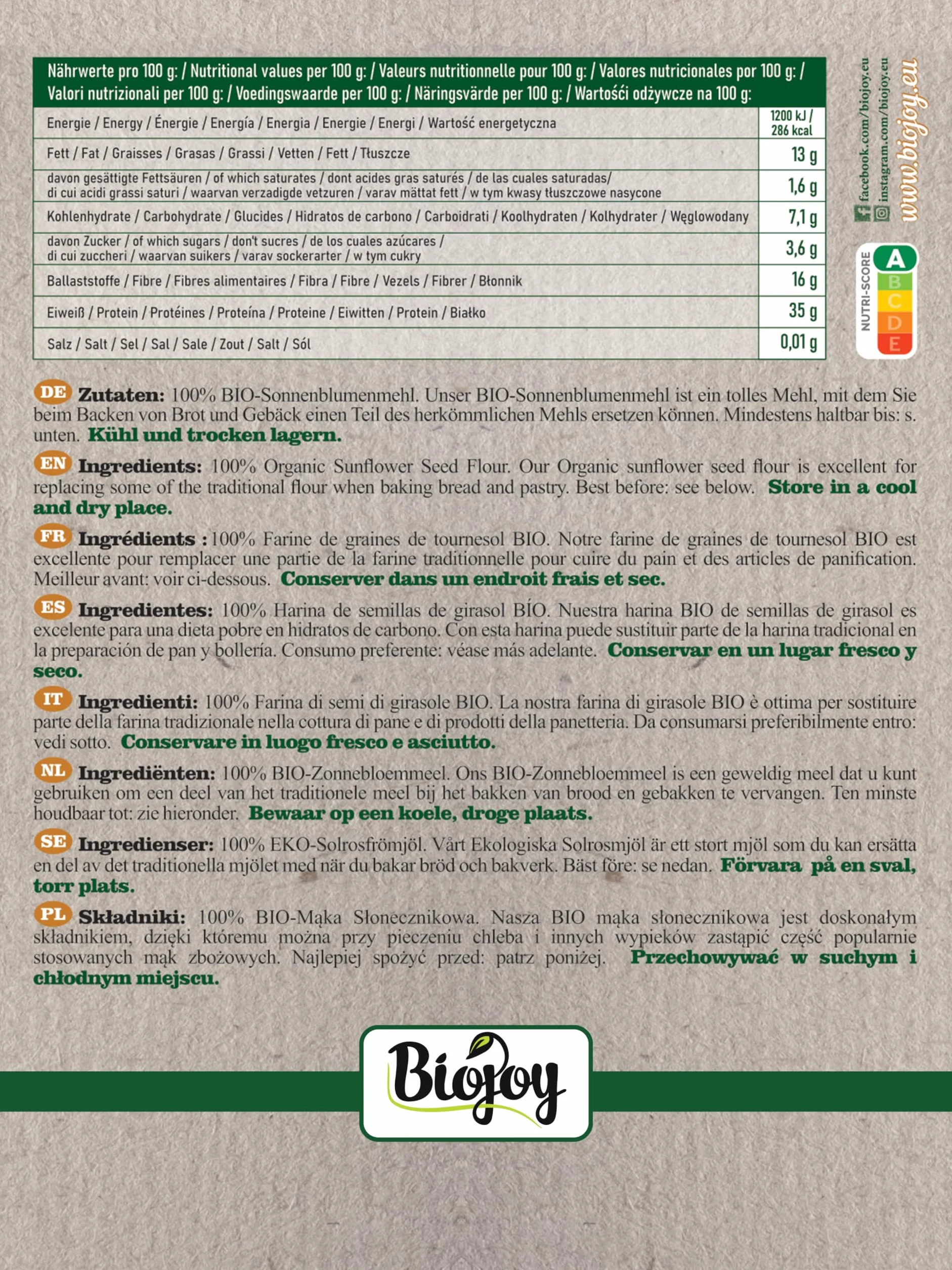 Biojoy Harina de Semillas de Girasol BÍO 1 kg