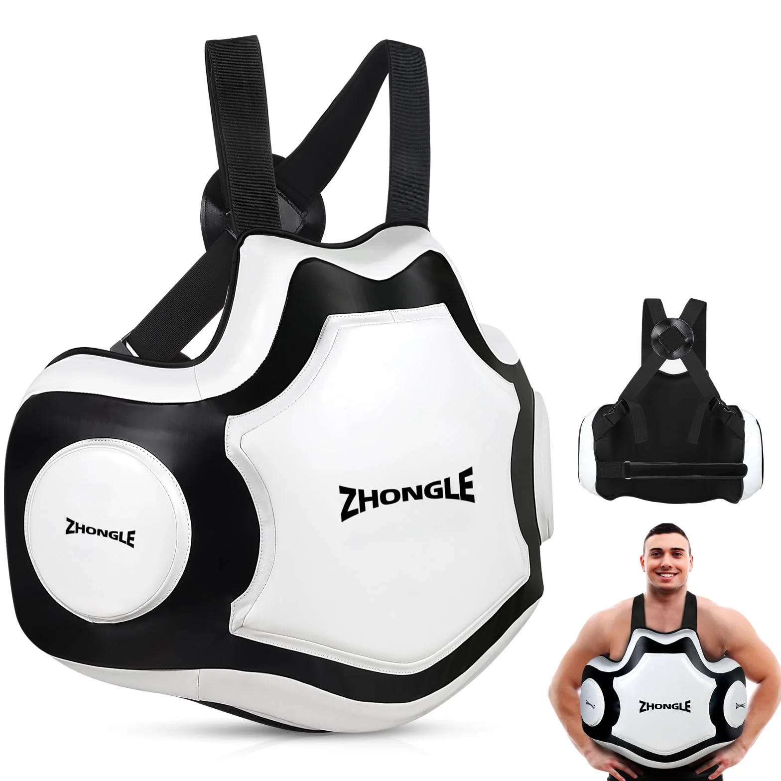 Protector de Cuerpo Profesional, Chaleco de Boxeo, Almohadilla de Bateador Pesado, Taekwondo, Protector de Cuero para Boxeo (White+)
