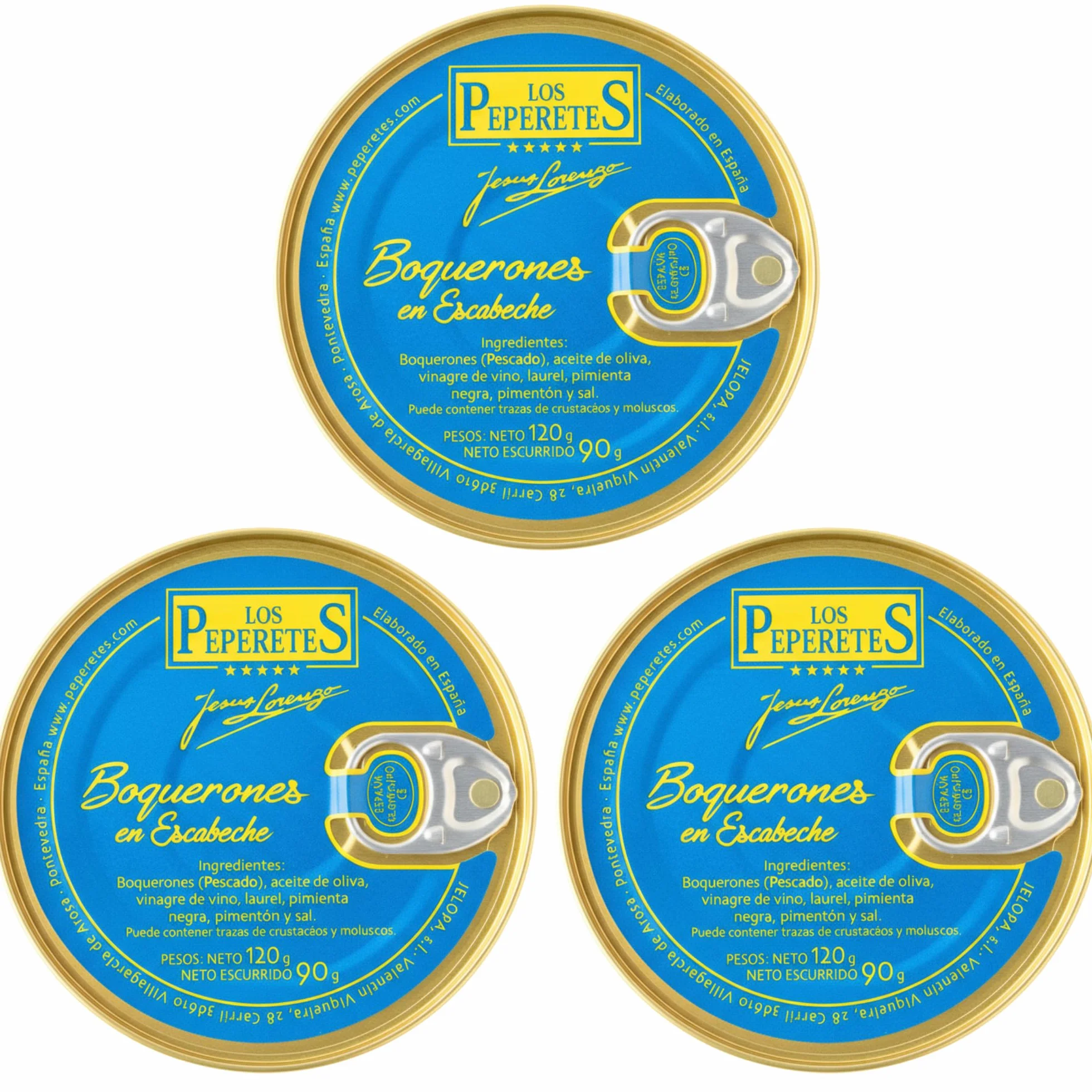 LOS PEPERETES x3 Lata Boquerones en Escabeche 120 g | Conserva Gourmet Gallega | Boquerones Pequeños del Atlántico en Aceite de Oliva y Vinagre Natural | Elaboración Artesanal | Sabor Tradicional