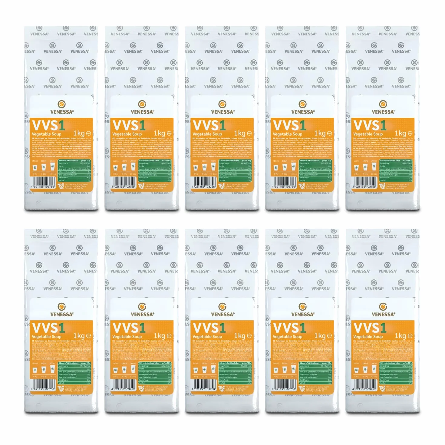 Venessa VVS1 Sopa de verduras 10 x 1 kg - Fresco y fino - Sabor vegetal natural - Soluble, sin grumos - Adecuado para todas las máquinas de café Vending, oficinas, autoridades