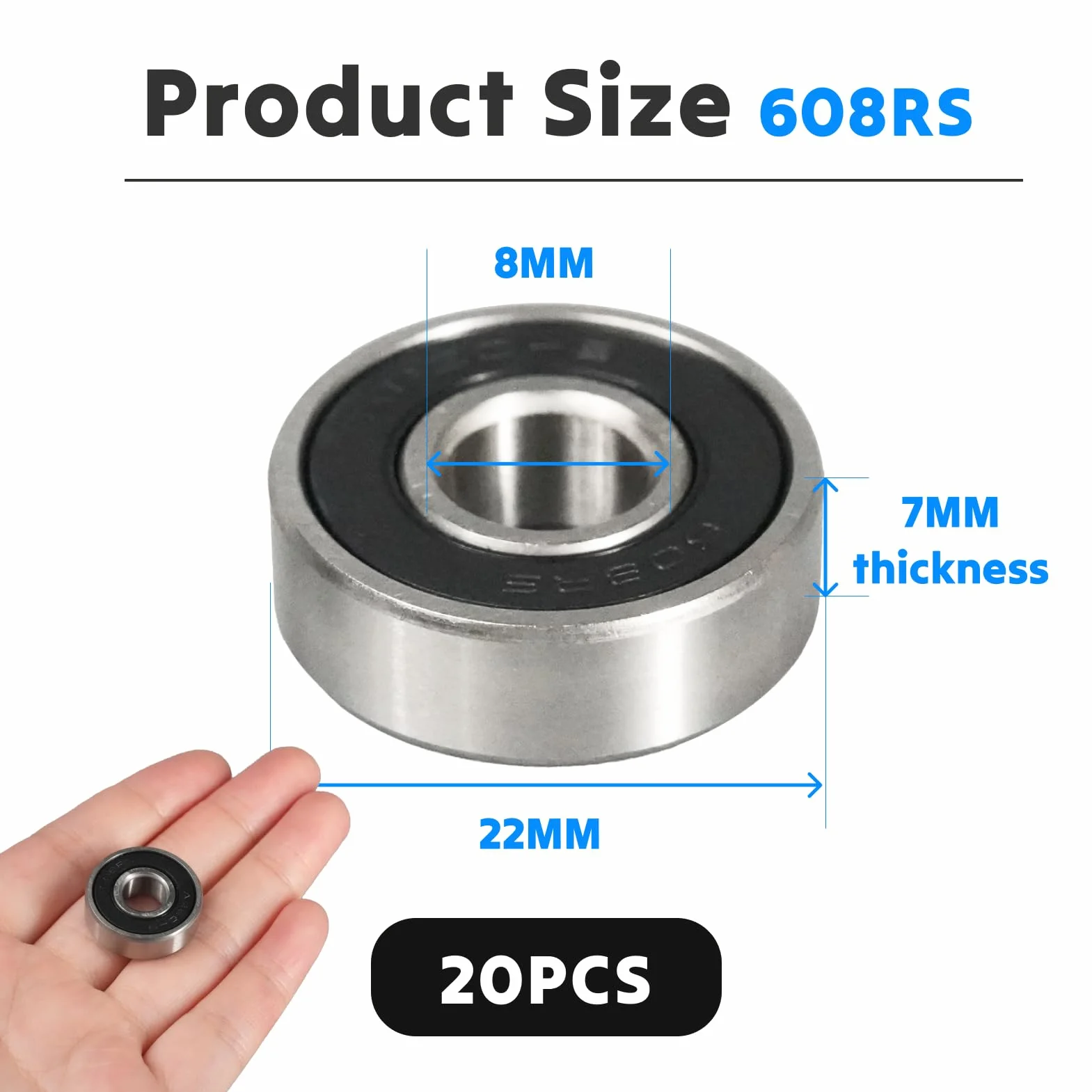 Rodamientos de bolas 608RS ABEC 9 8x22x7 mm para Skateboard, Longboard Eléctrico, Blindados (20pcs)