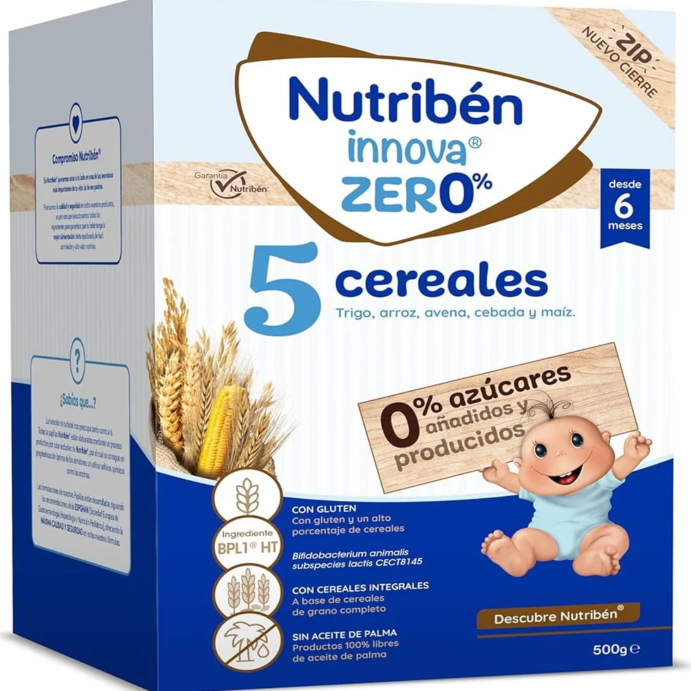 Nutribén innova ZERO 0% 5 Cereales, 500g, Trigo, Arroz, Avena, Cebada y Maiz, Bebés a Partir de 6 Meses, 0% Azúcares Añadidos y producidos, Cereales Integrales