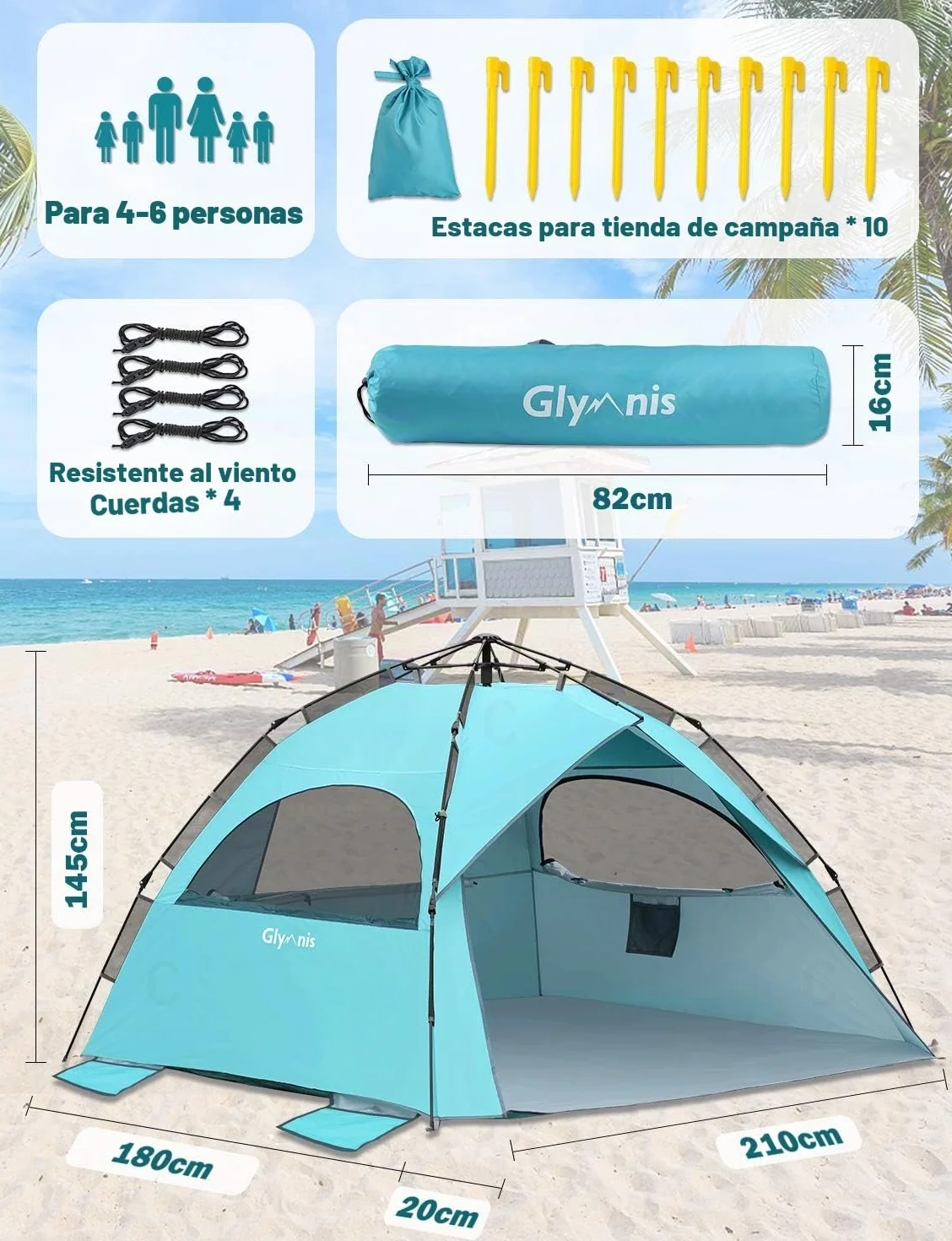 Glymnis Carpa Hidráulica Automática Playa 4-6 Personas Protección Solar UPF 50+