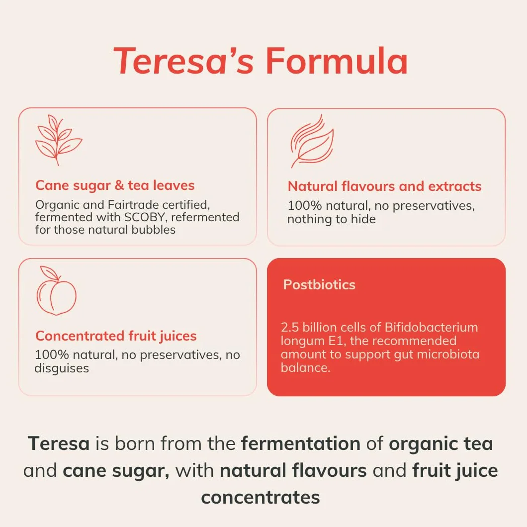Teresa Kombucha Espumoso con Postbióticos – Bebida Fermentada Natural Pasteurizada – Alternativa saludable y sin alcohol – Botella de 275ml – Sabor a melocotón – Made in Italy