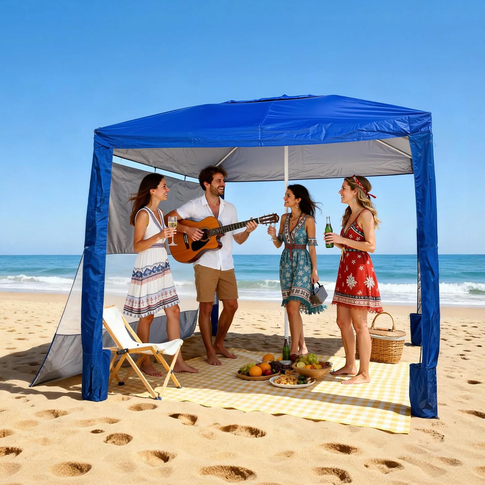 VEVOR Cabaña de Playa 2,4 x 2,4 m UPF 50+ Protección Solar con Pared Lateral Portátil