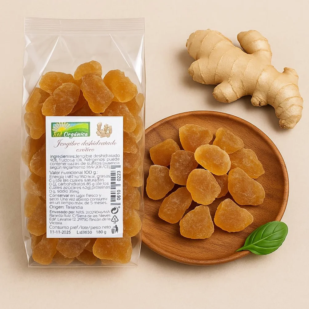 Jengibre Exótico Deshidratado 180 g Red Orgánica – Snack Natural con 10% de Fructosa, Vegano, Rico en Fibra y Antioxidantes, Ideal para Infusiones, Batidos y Repostería Saludable