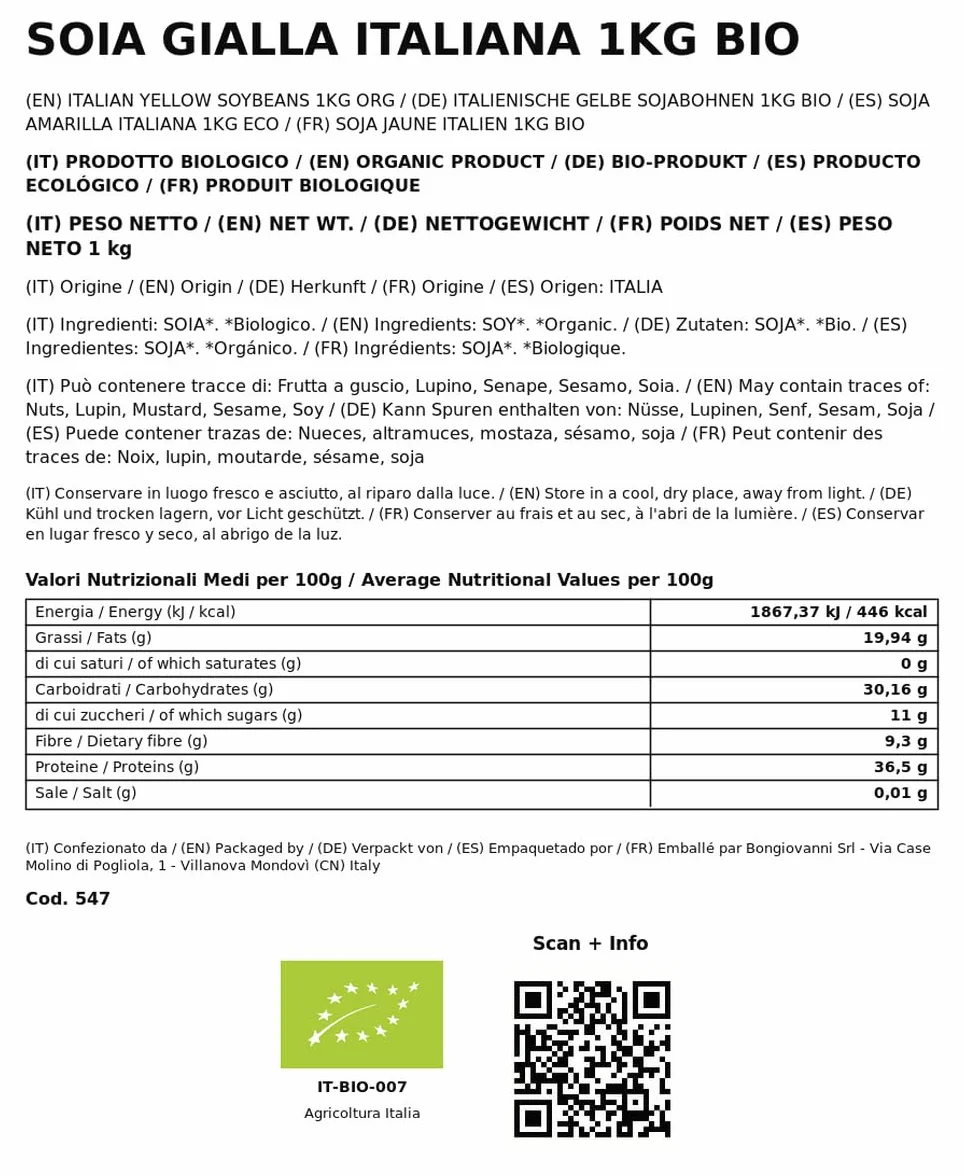 BONGIOVANNI FARINE E BONTA' NATURALI Soja Amarilla Italiana 1Kg ORGÁNICA