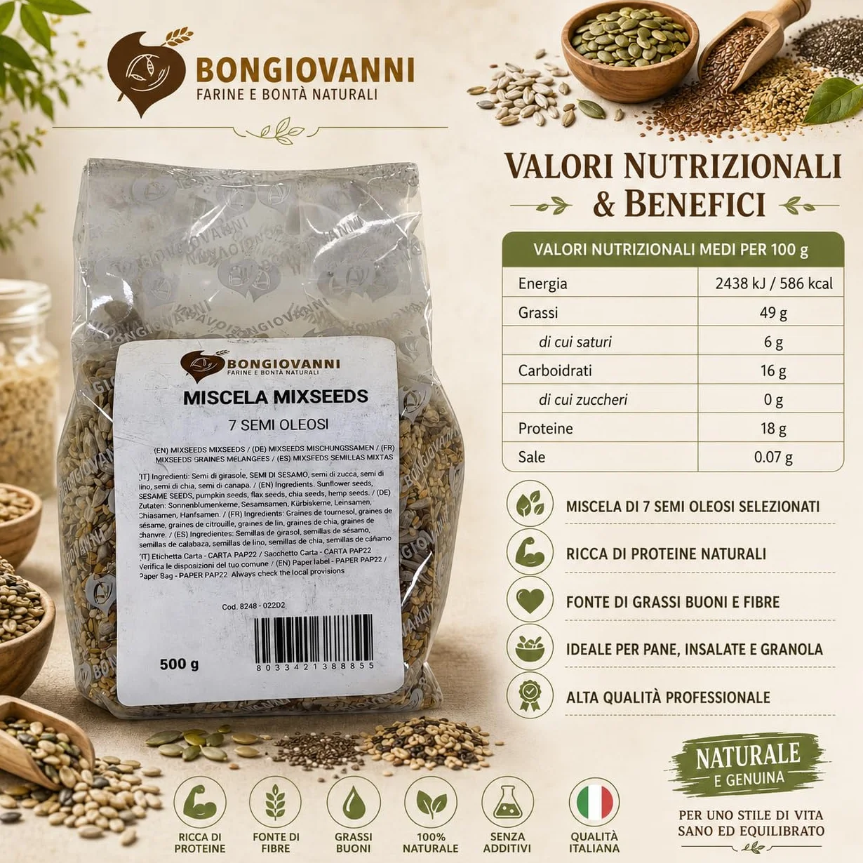 Bongiovanni Bontà Naturali MixSeeds Mezcla de 7 Semillas Oleaginosas, 500 g